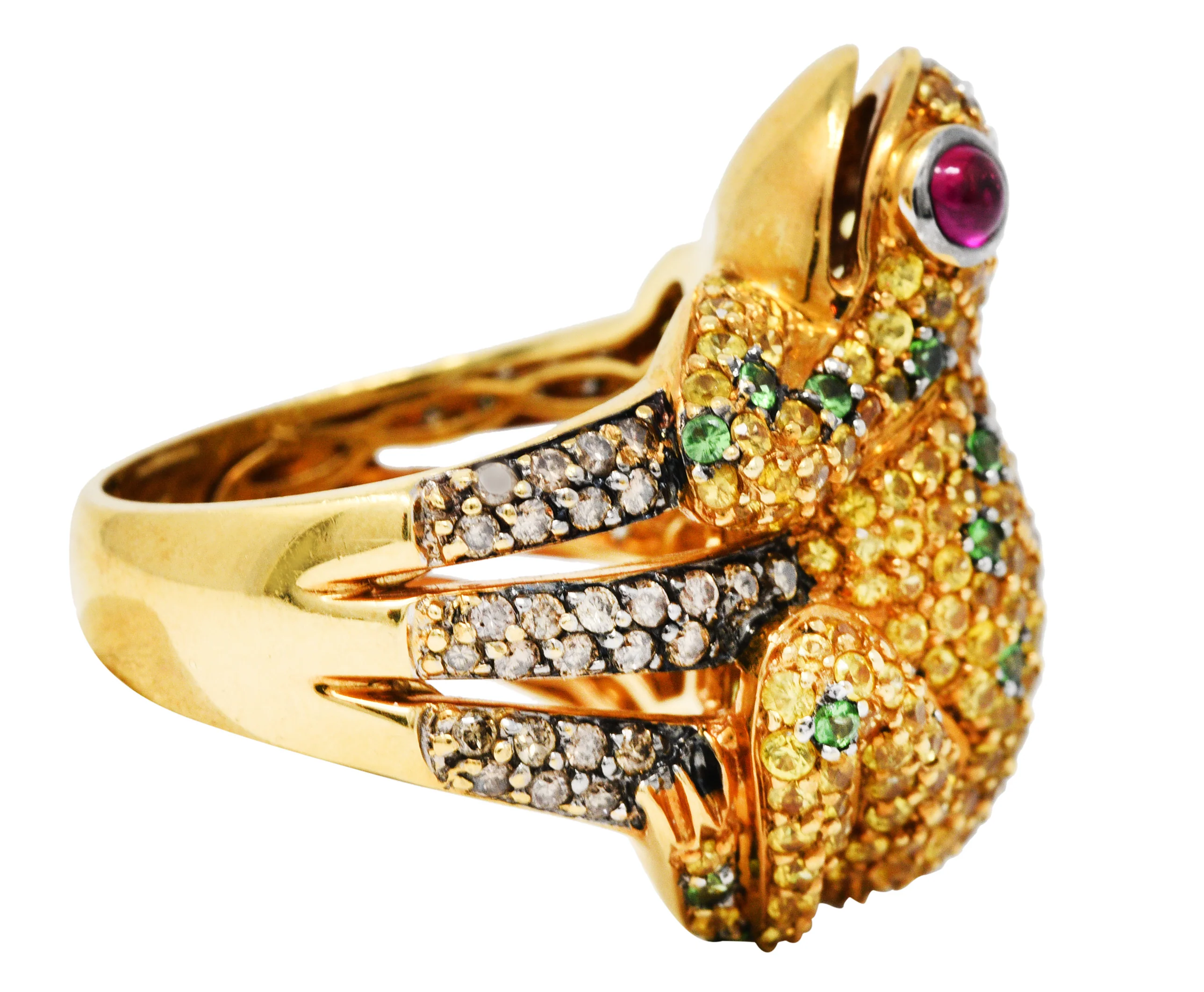 Contemporary 5.54 CTW Diamond Sapphire Tsavorite Ruby 18 Karat Gold Frog Ring - Image 3