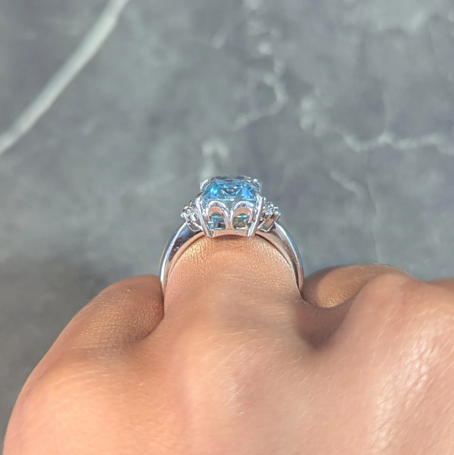 Contemporary 5.71 CTW Aquamarine Diamond Platinum Cluster Cocktail Ring - Image 14