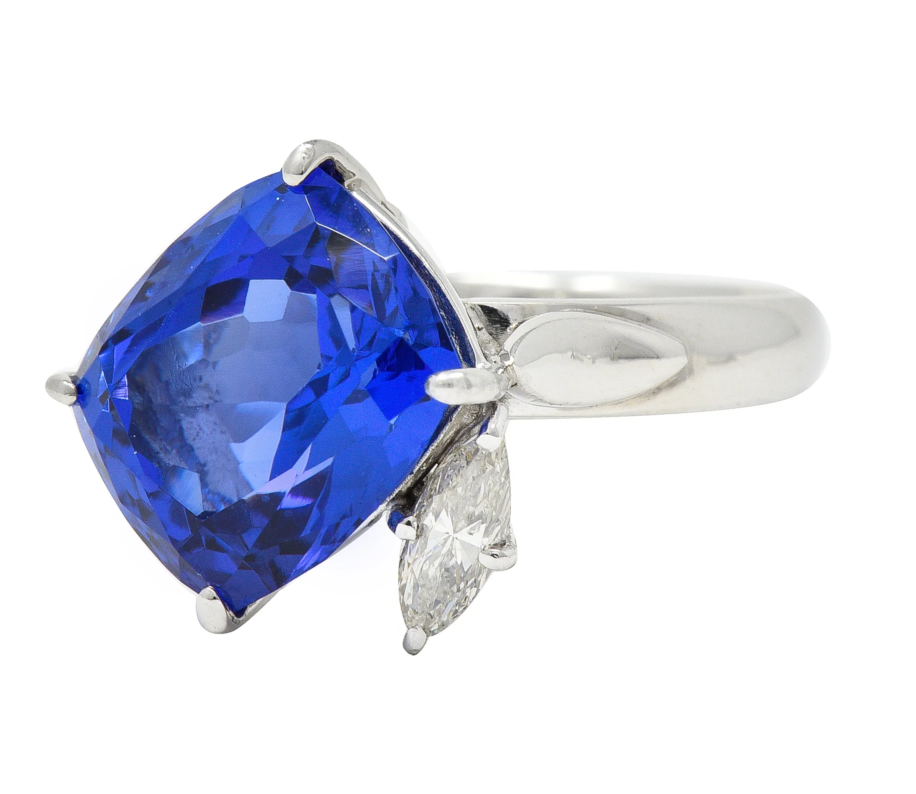 Contemporary 6.74 CTW Cushion Cut Tanzanite Marquise Cut Diamond Platinum Juxtaposed Ring - Image 6