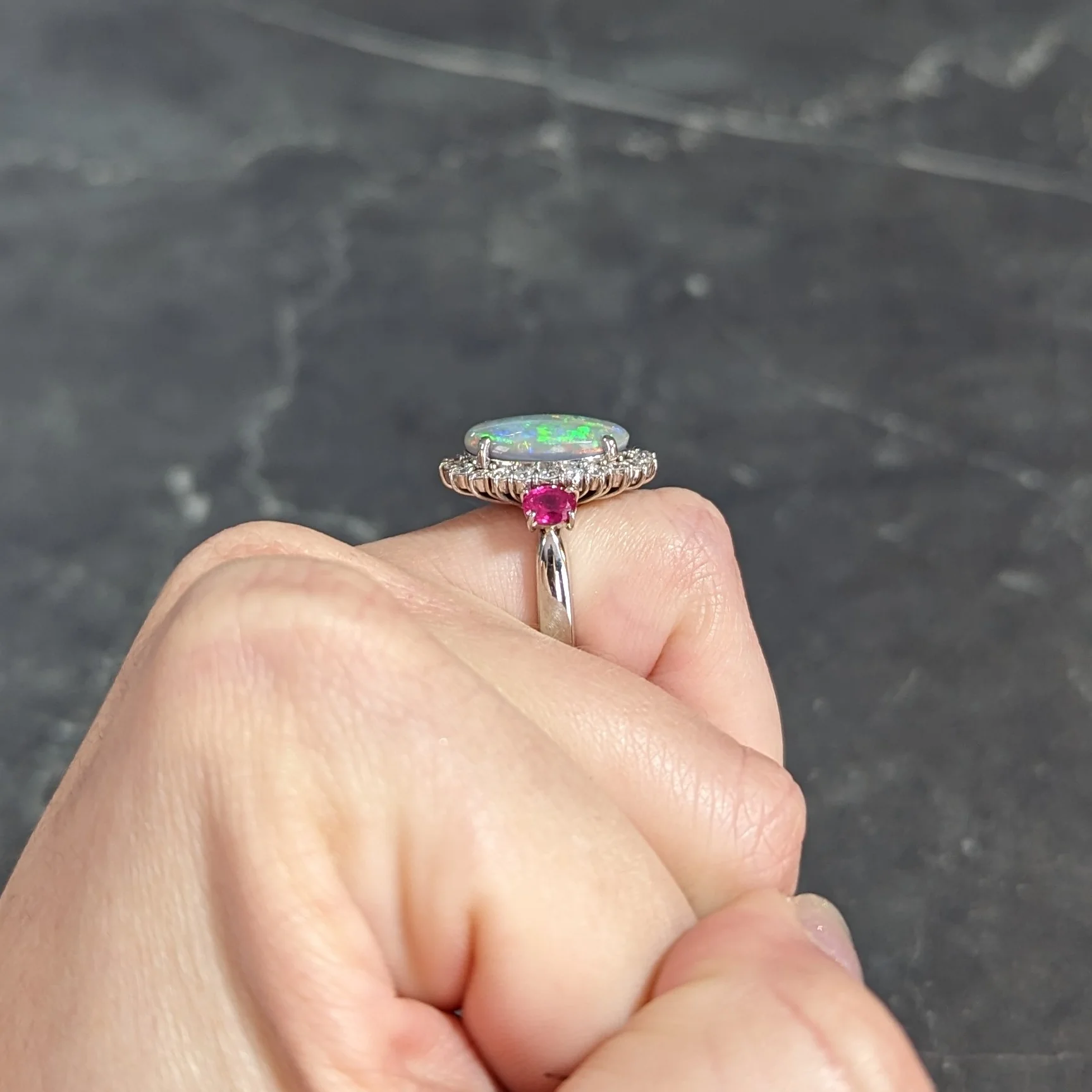 Contemporary 6.74 CTW Opal Diamond Ruby Platinum Halo Cluster Ring - Image 15