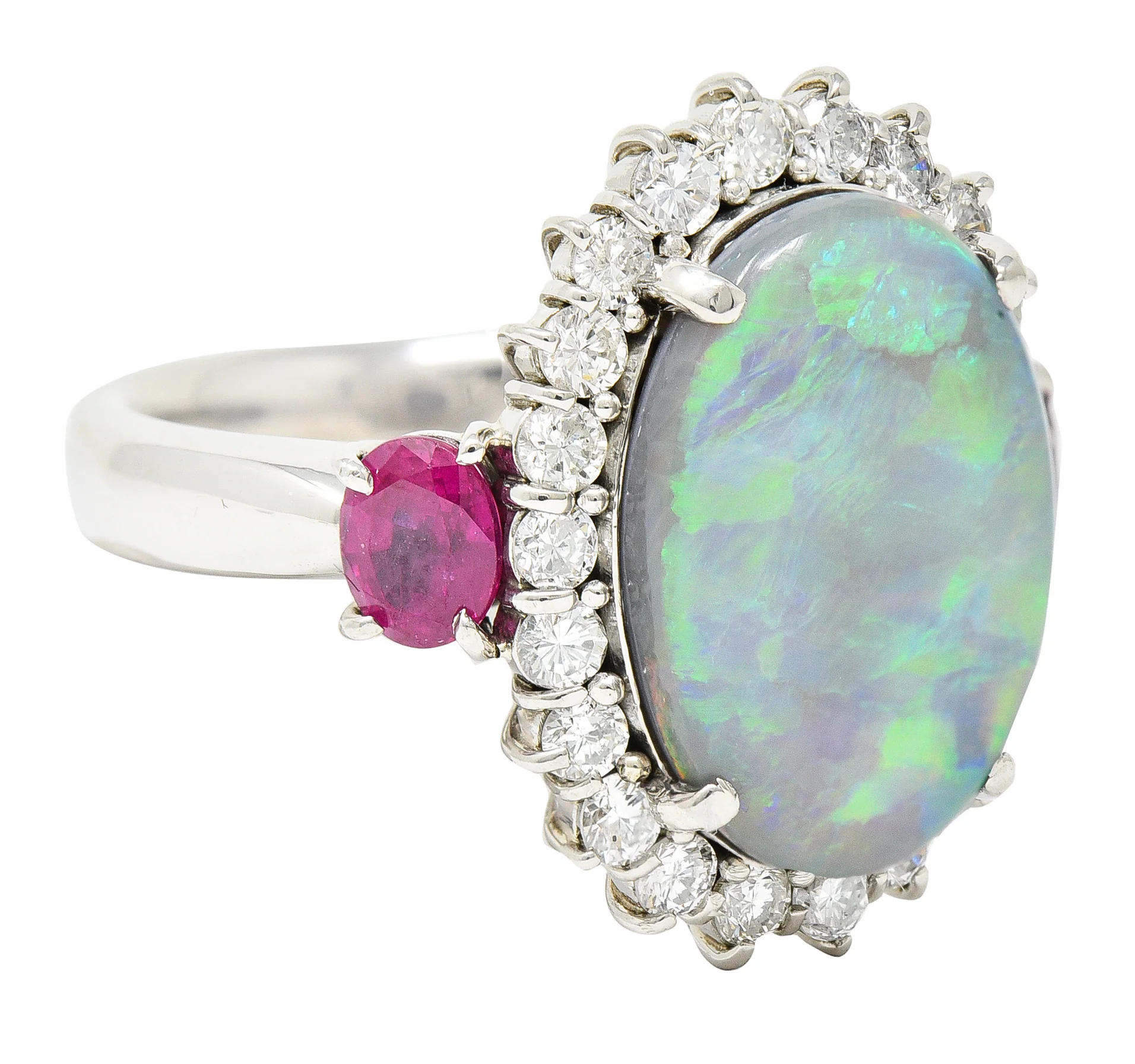 Contemporary 6.74 CTW Opal Diamond Ruby Platinum Halo Cluster Ring - Image 2