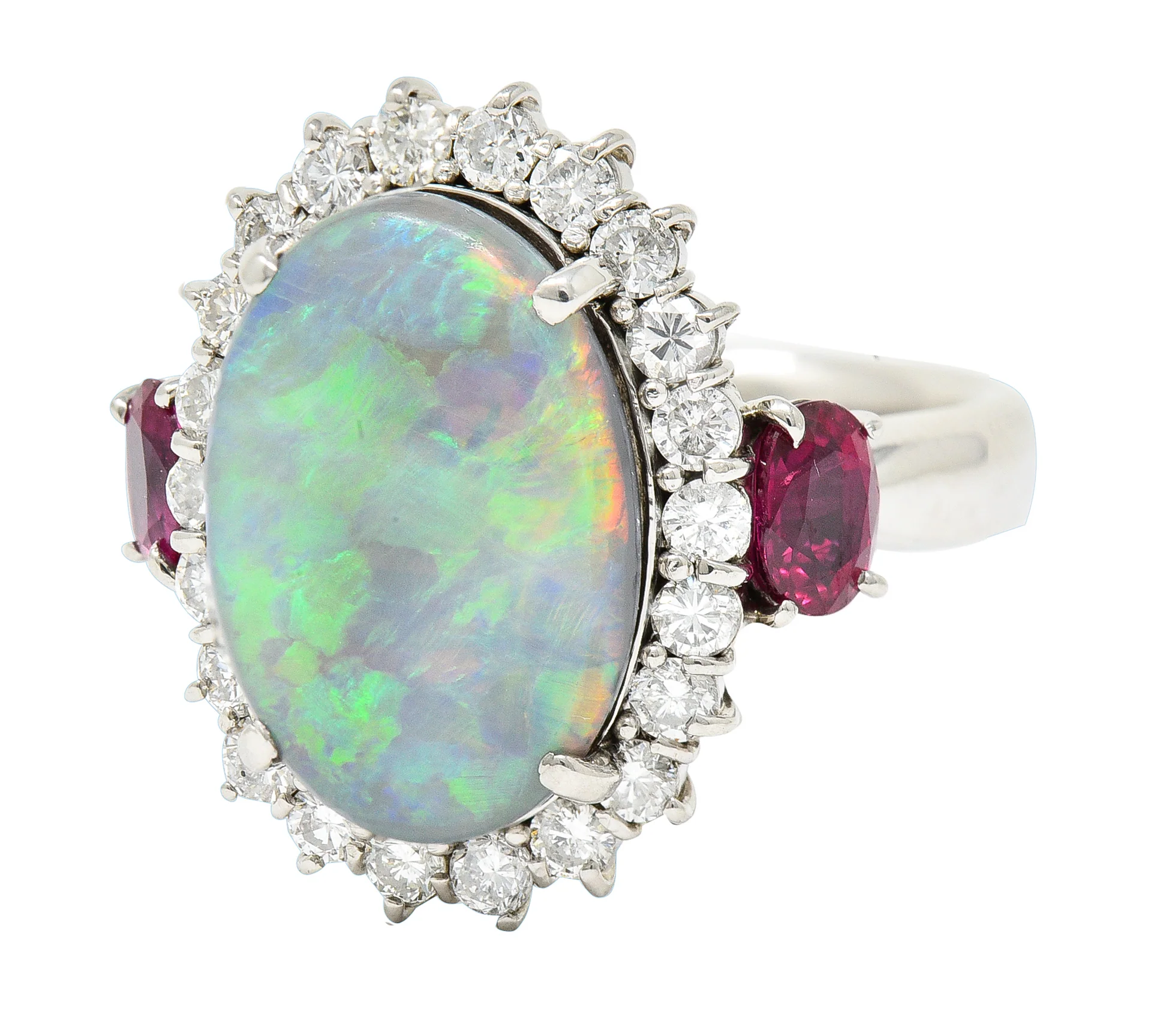 Contemporary 6.74 CTW Opal Diamond Ruby Platinum Halo Cluster Ring - Image 6