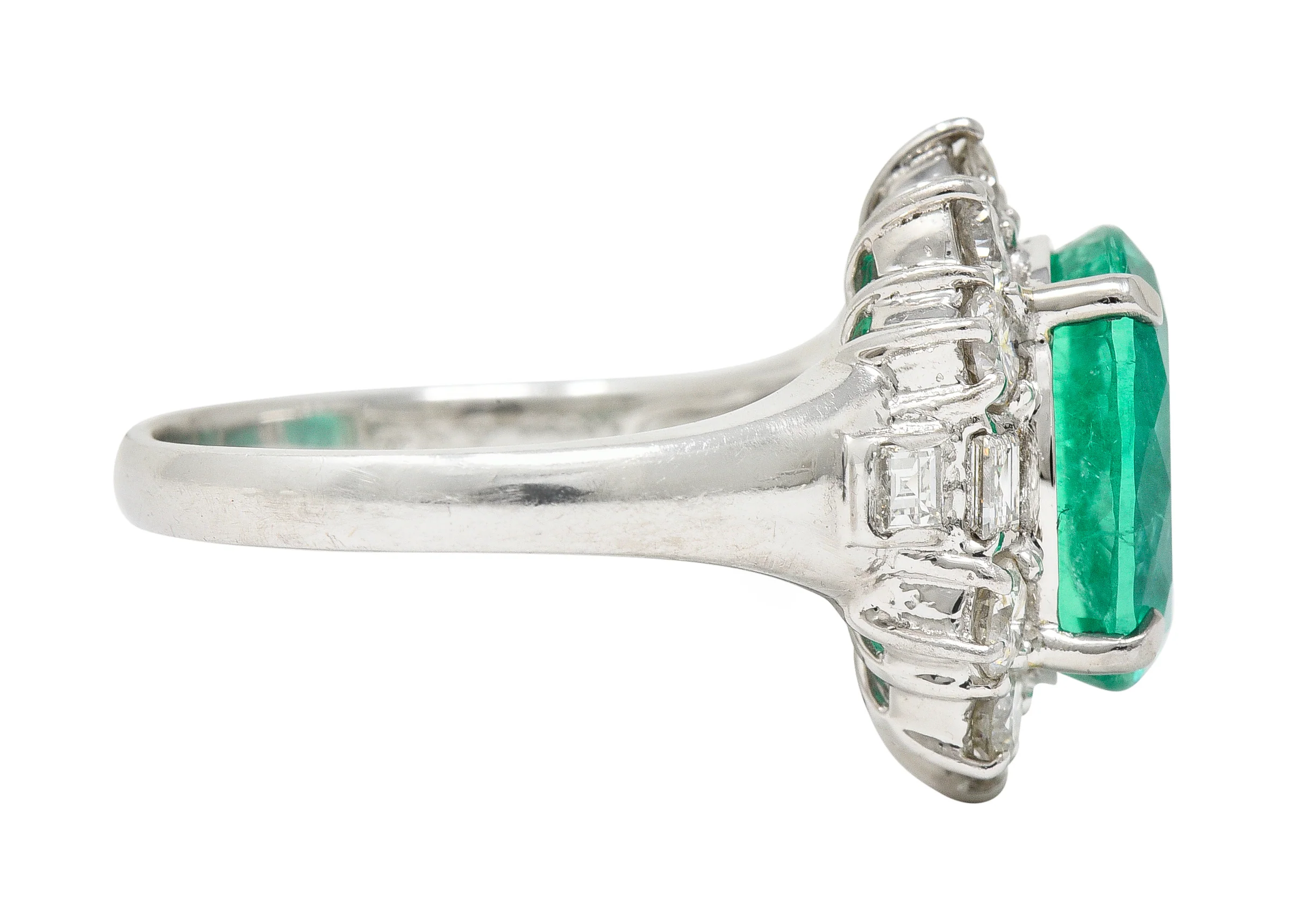 Contemporary 6.77 CTW Columbian Emerald Diamond Platinum Halo Ring GIA - Image 3