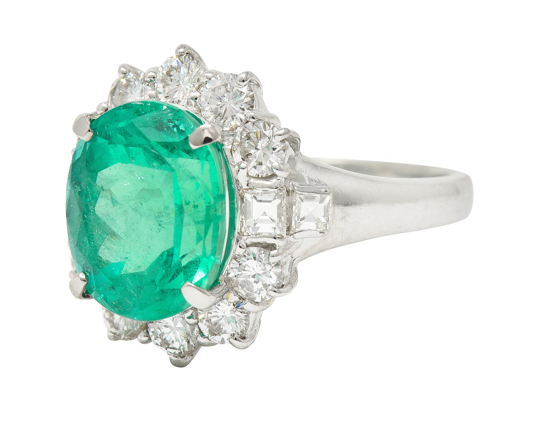 Contemporary 6.77 CTW Columbian Emerald Diamond Platinum Halo Ring GIA - Image 6