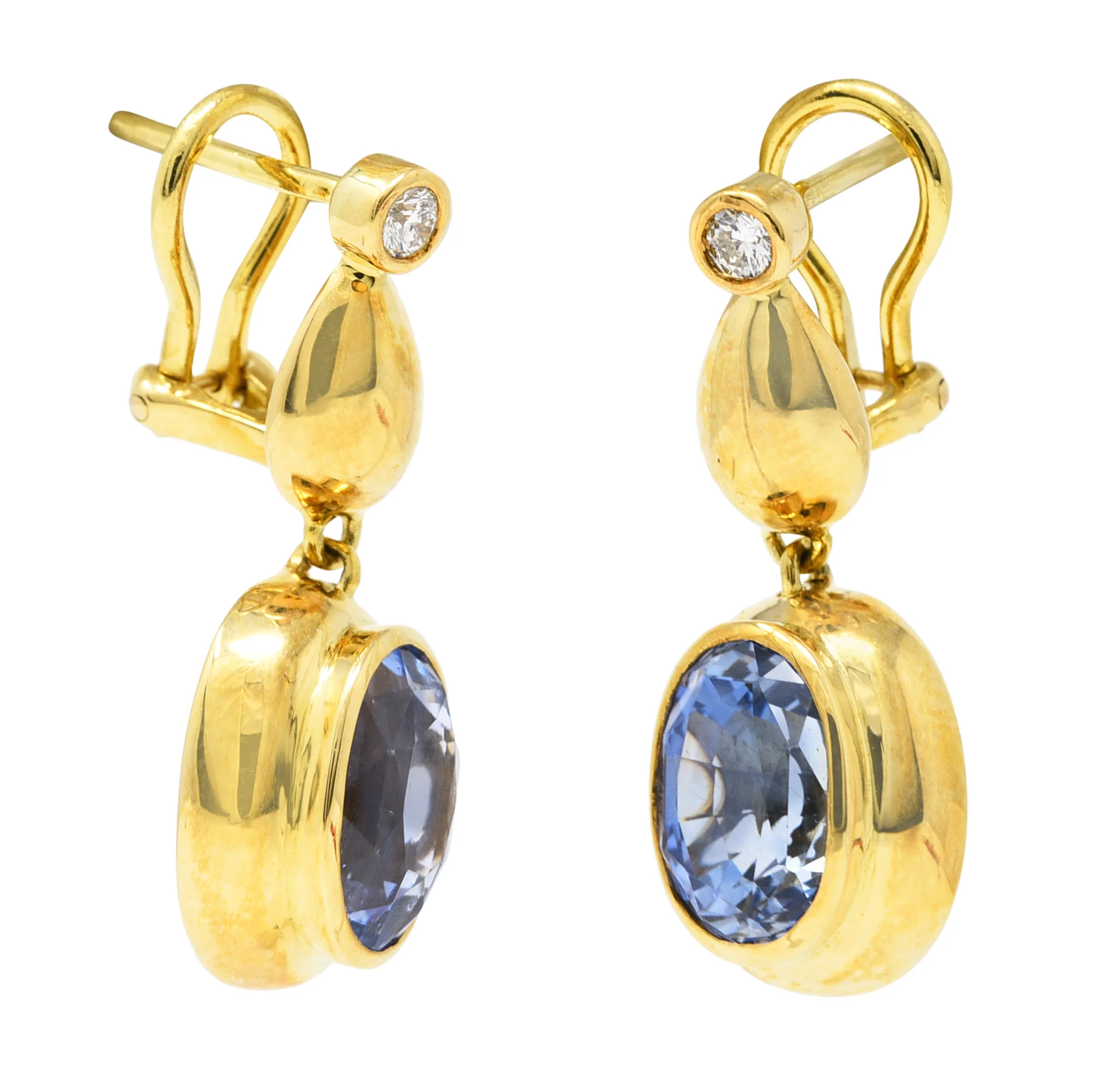 Contemporary 6.86 CTW Blue Sapphire Diamond 18 Karat Yellow Gold Drop Earrings - Image 7