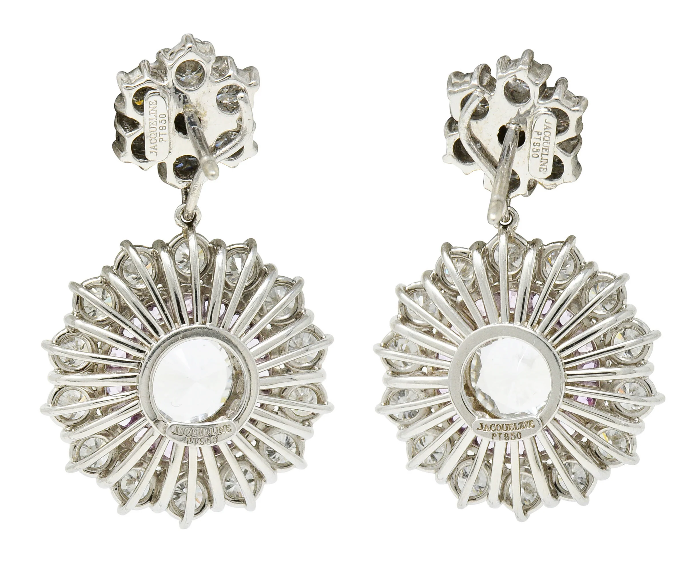 Contemporary 7.13 CTW Sapphire Diamond Platinum Cluster Drop Earrings - Image 4