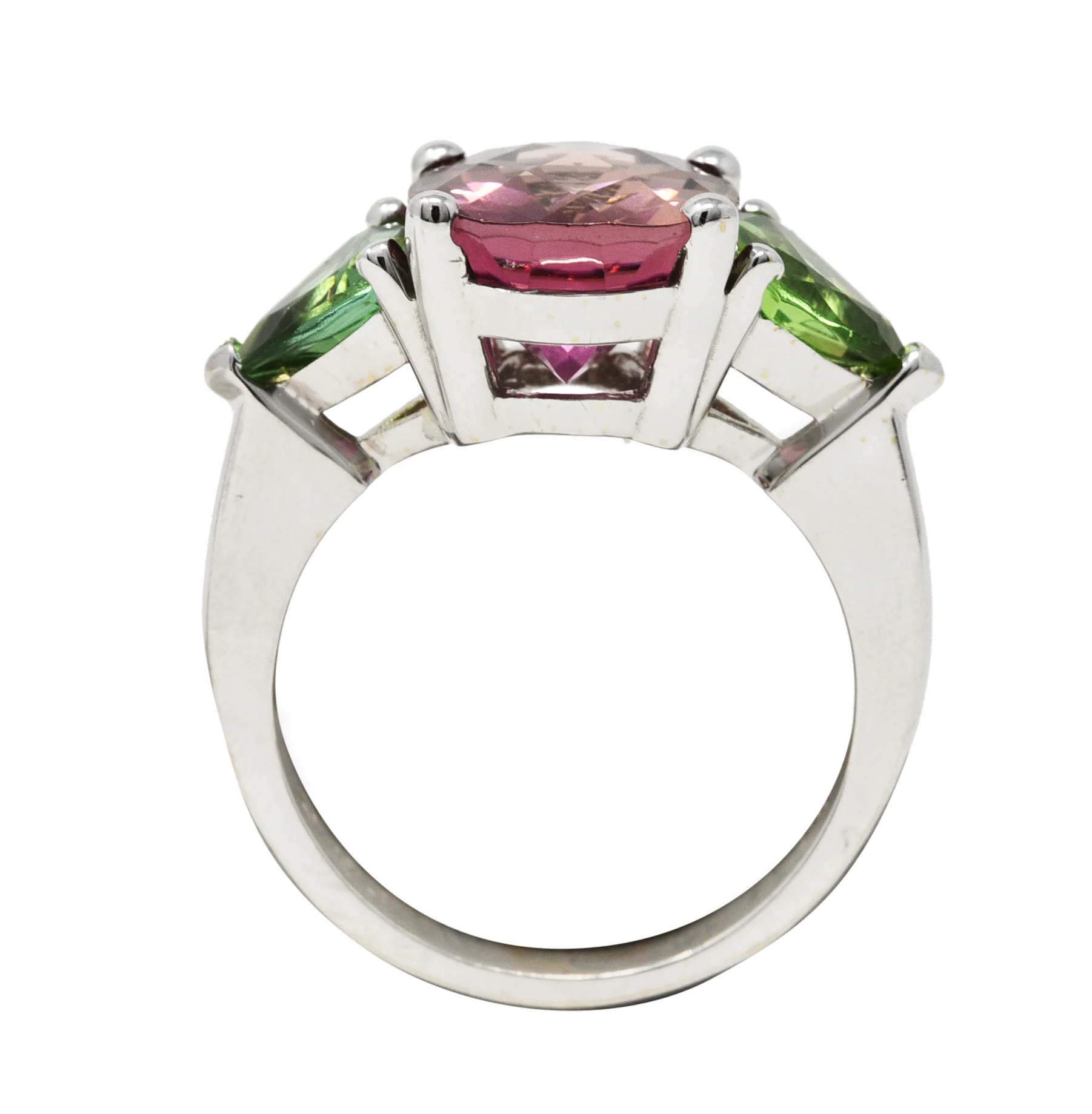 Contemporary 7.23 CTW Oval Cut Pink Tourmaline Peridot 18 Karat White Gold Three Stone Ring - Image 8