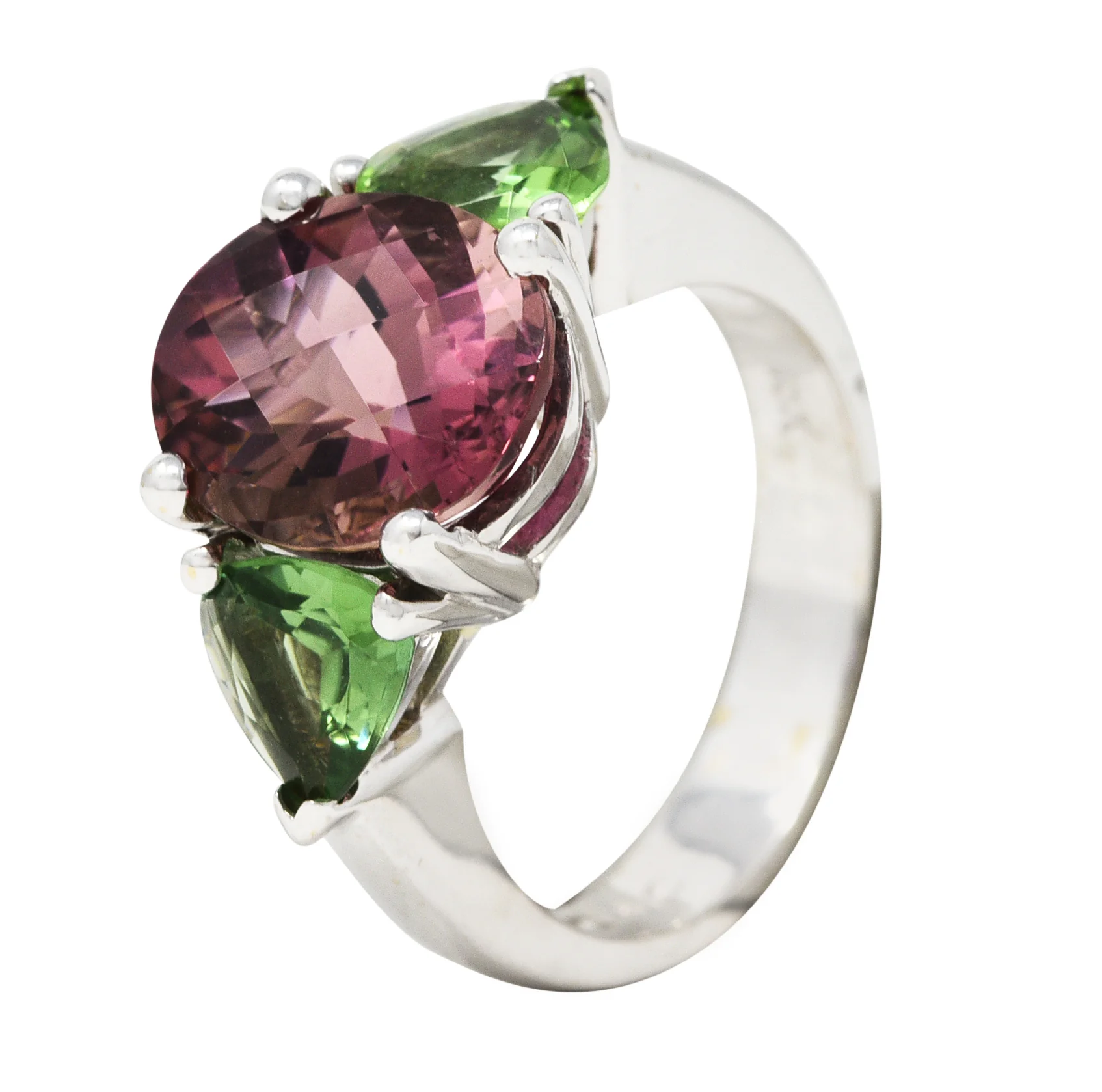 Contemporary 7.23 CTW Oval Cut Pink Tourmaline Peridot 18 Karat White Gold Three Stone Ring - Image 9