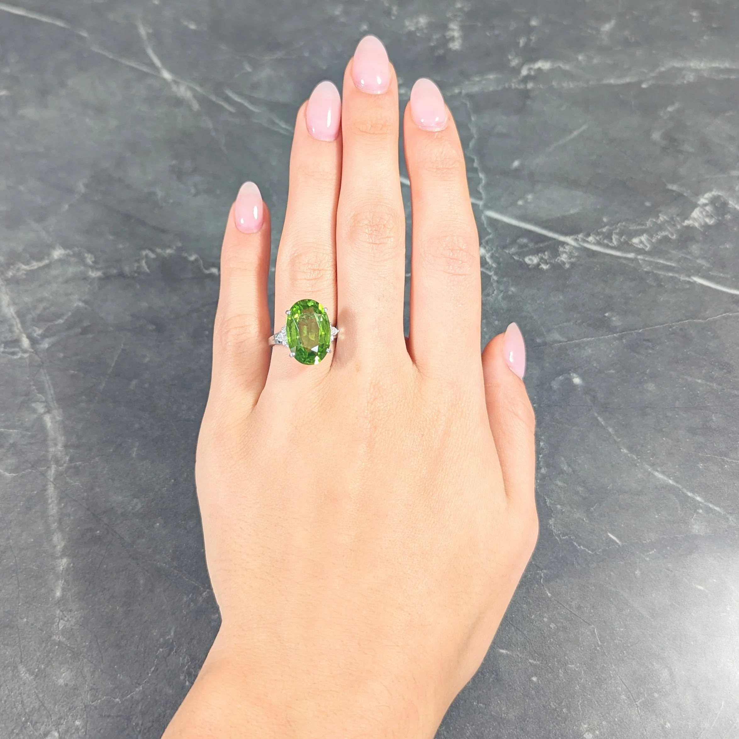 Contemporary 9.42 CTW Oval Cut Peridot Diamond Platinum Cluster Ring - Image 12