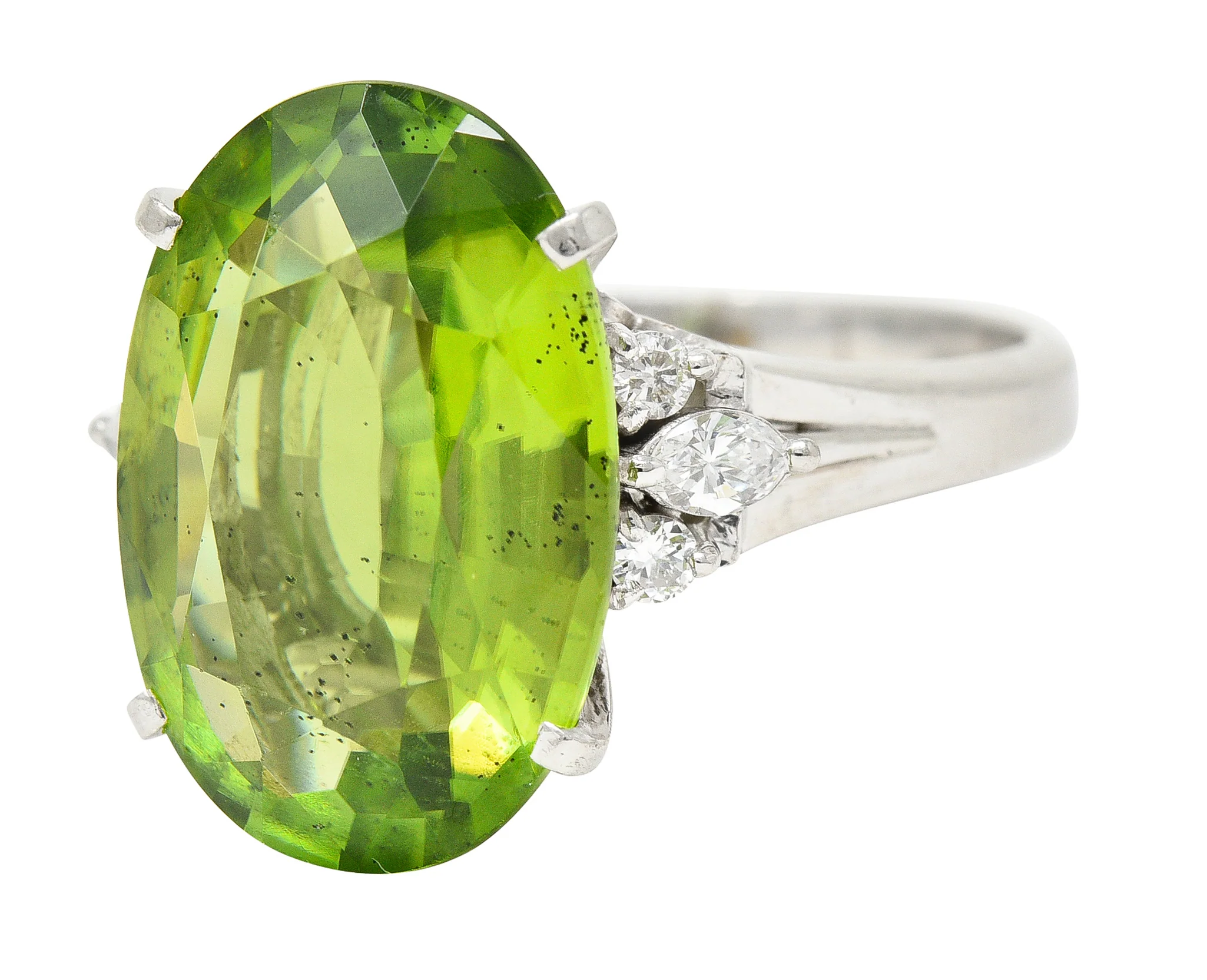 Contemporary 9.42 CTW Oval Cut Peridot Diamond Platinum Cluster Ring - Image 6