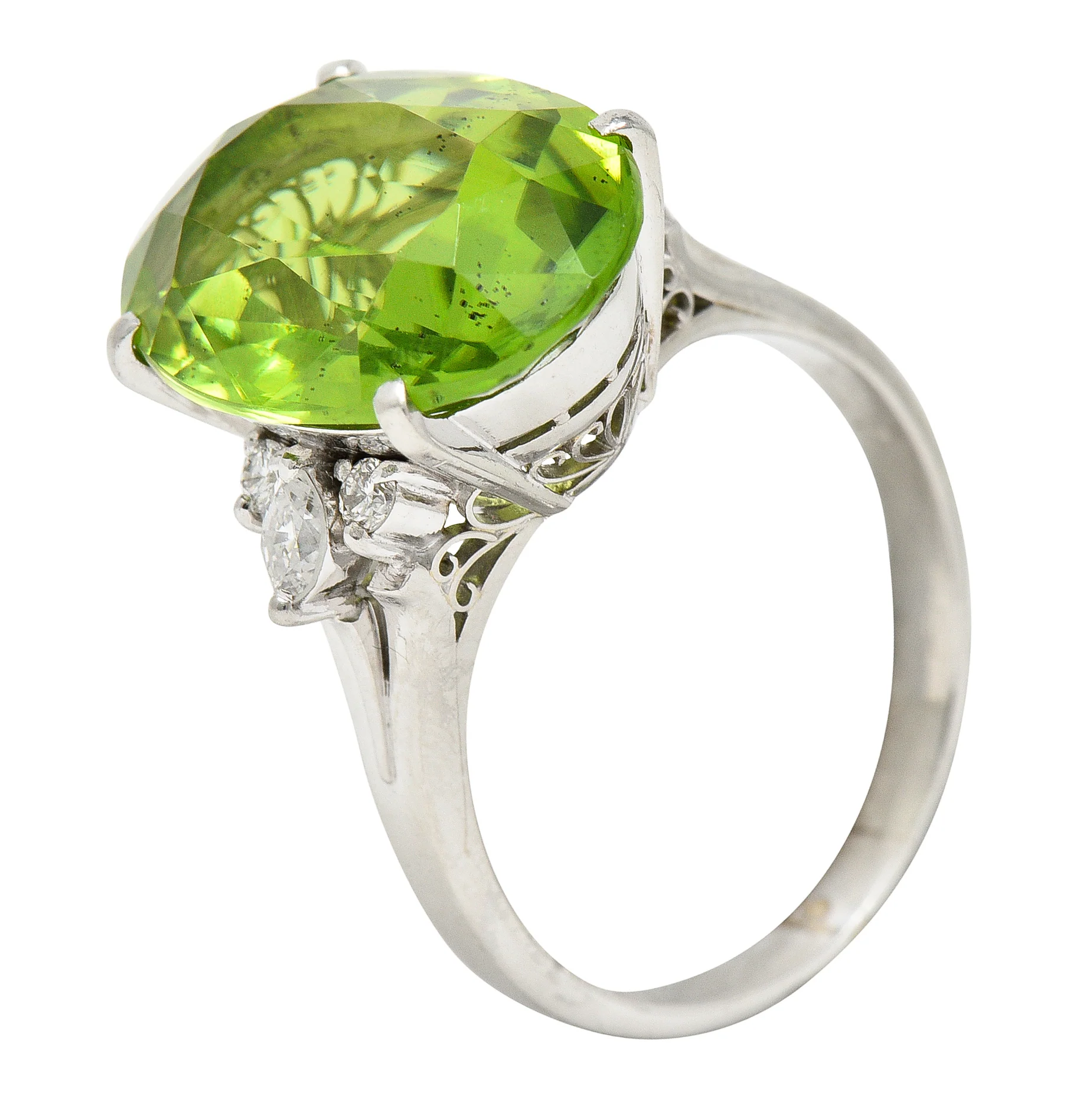Contemporary 9.42 CTW Oval Cut Peridot Diamond Platinum Cluster Ring - Image 8
