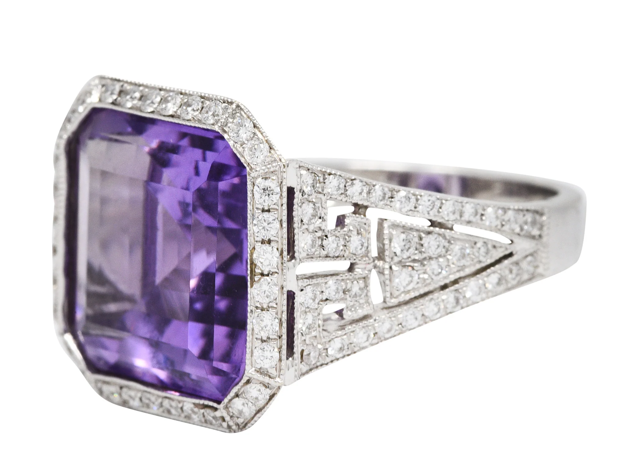 Contemporary Amethyst Diamond 18 Karat White Gold Greek Key Ring - Image 6