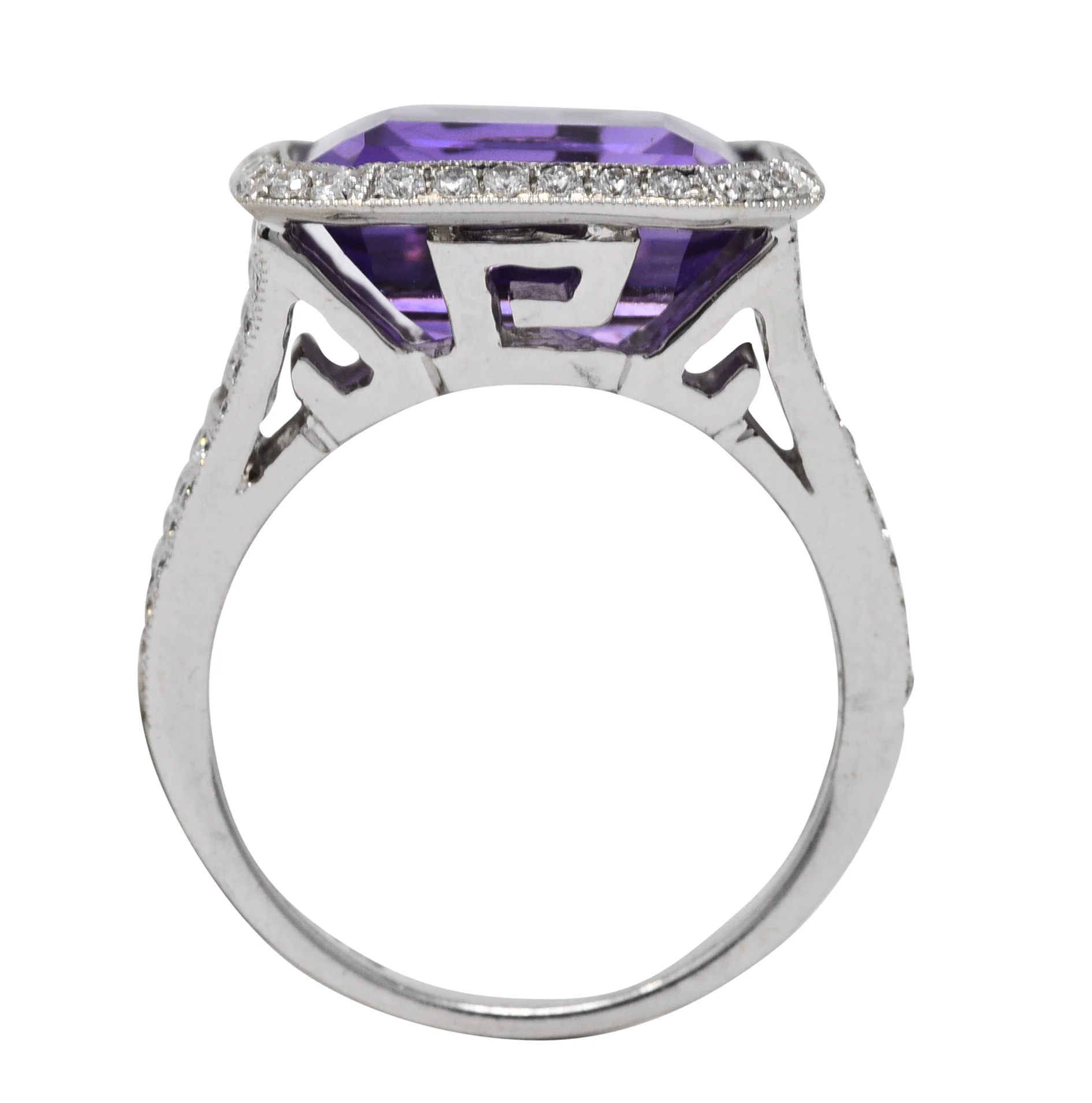Contemporary Amethyst Diamond 18 Karat White Gold Greek Key Ring - Image 8