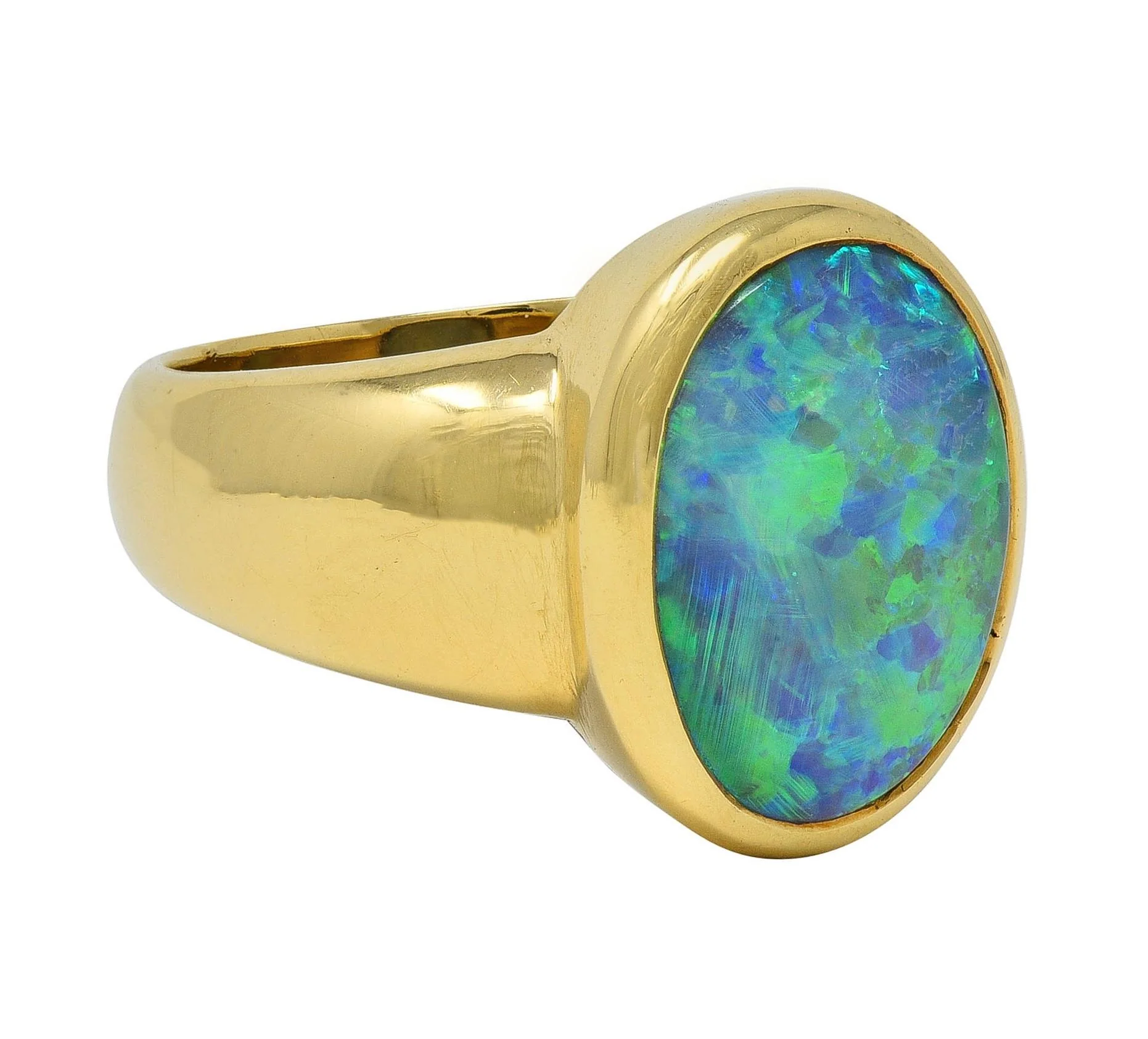Contemporary Black Opal 18 Karat Yellow Gold Puffy Bezel Gemstone Ring - Image 2