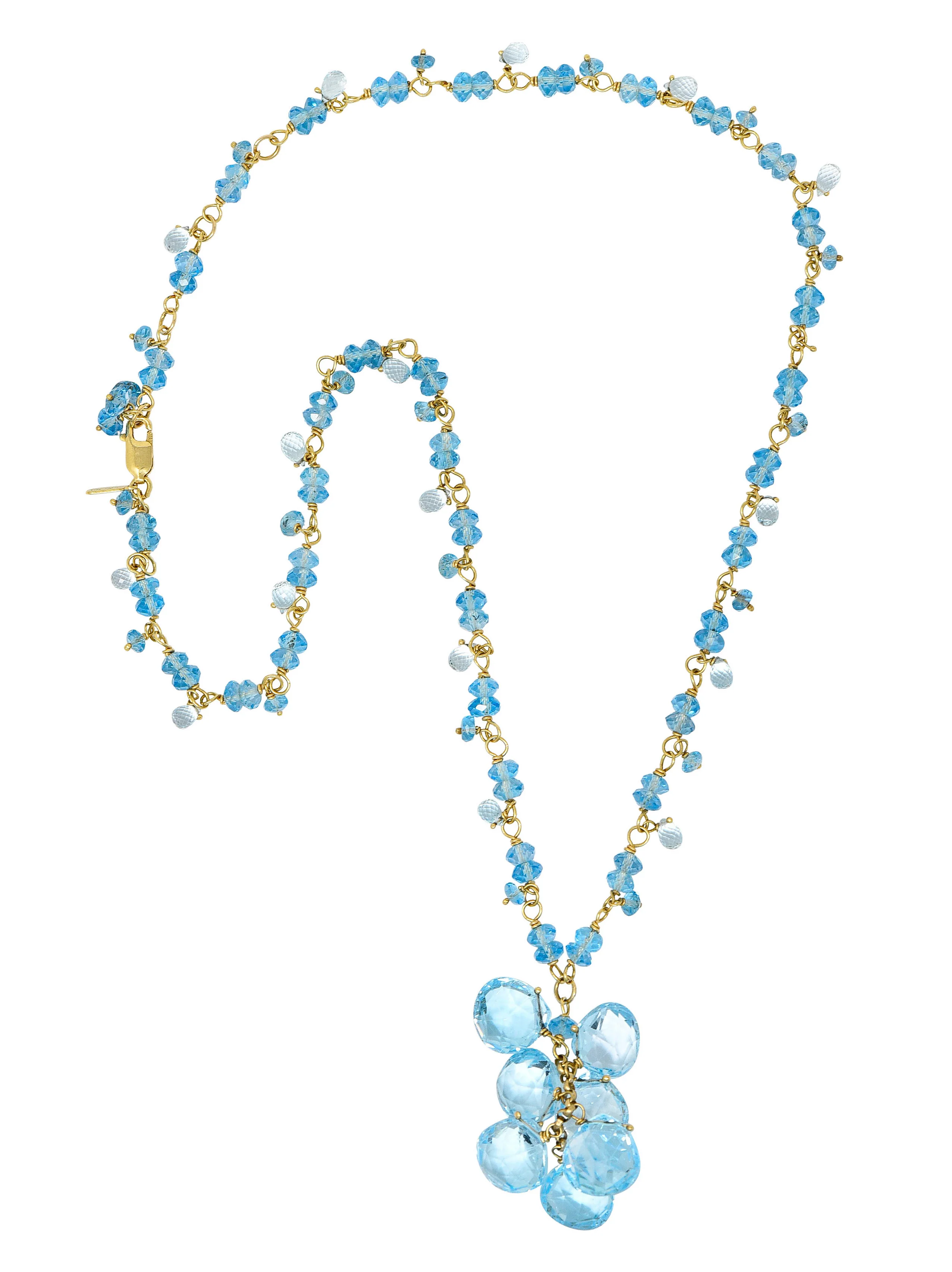 Contemporary Blue Topaz 18 Karat Gold Station Tassel Necklace - Image 2