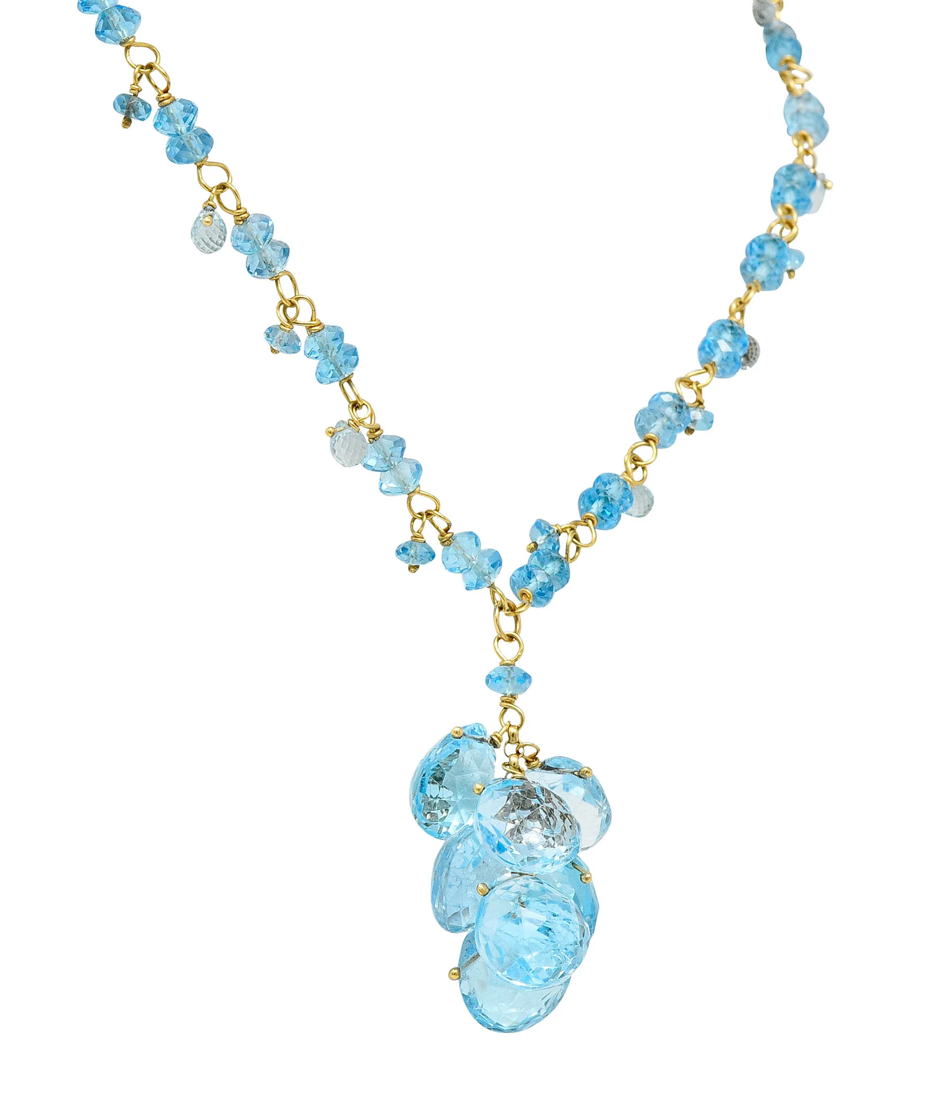 Contemporary Blue Topaz 18 Karat Gold Station Tassel Necklace - Image 3