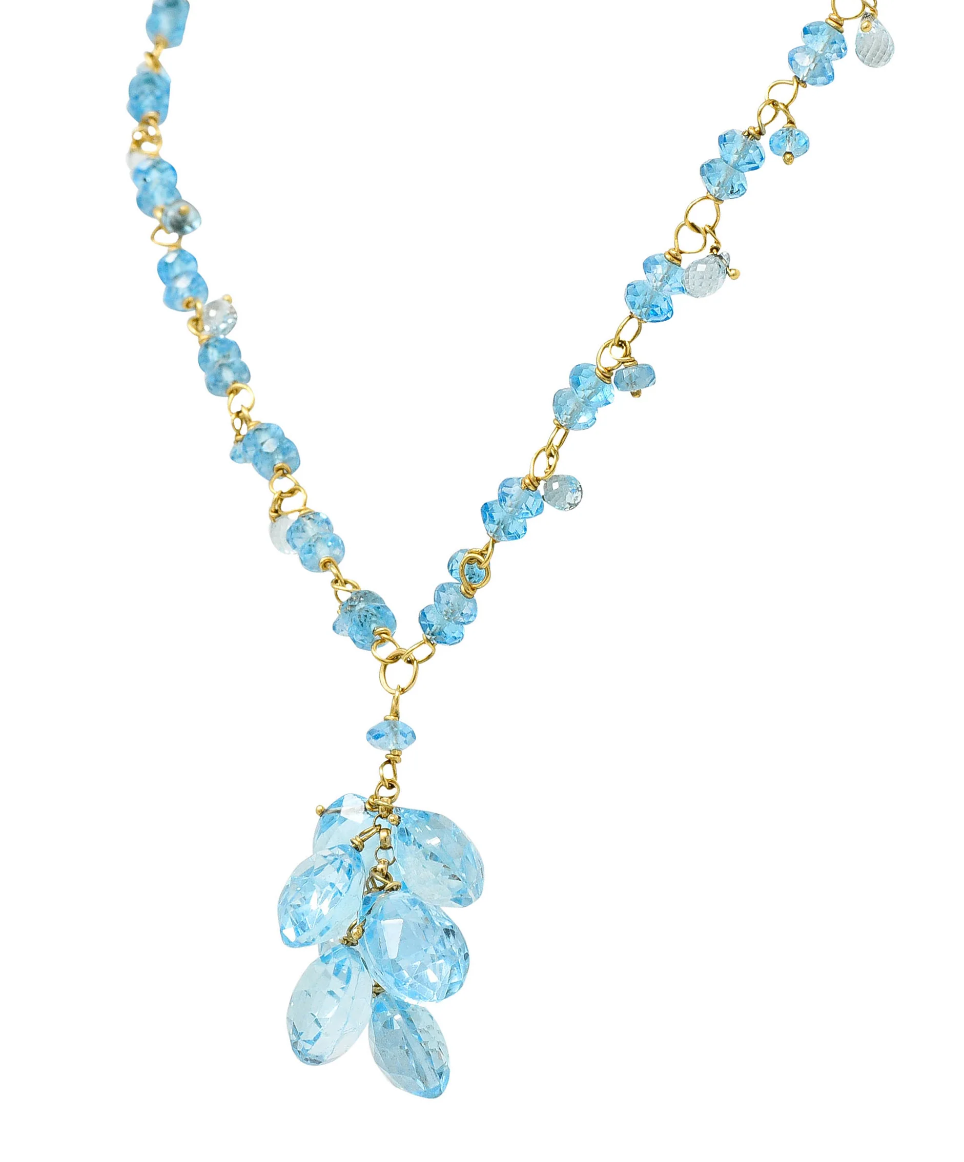 Contemporary Blue Topaz 18 Karat Gold Station Tassel Necklace - Image 4