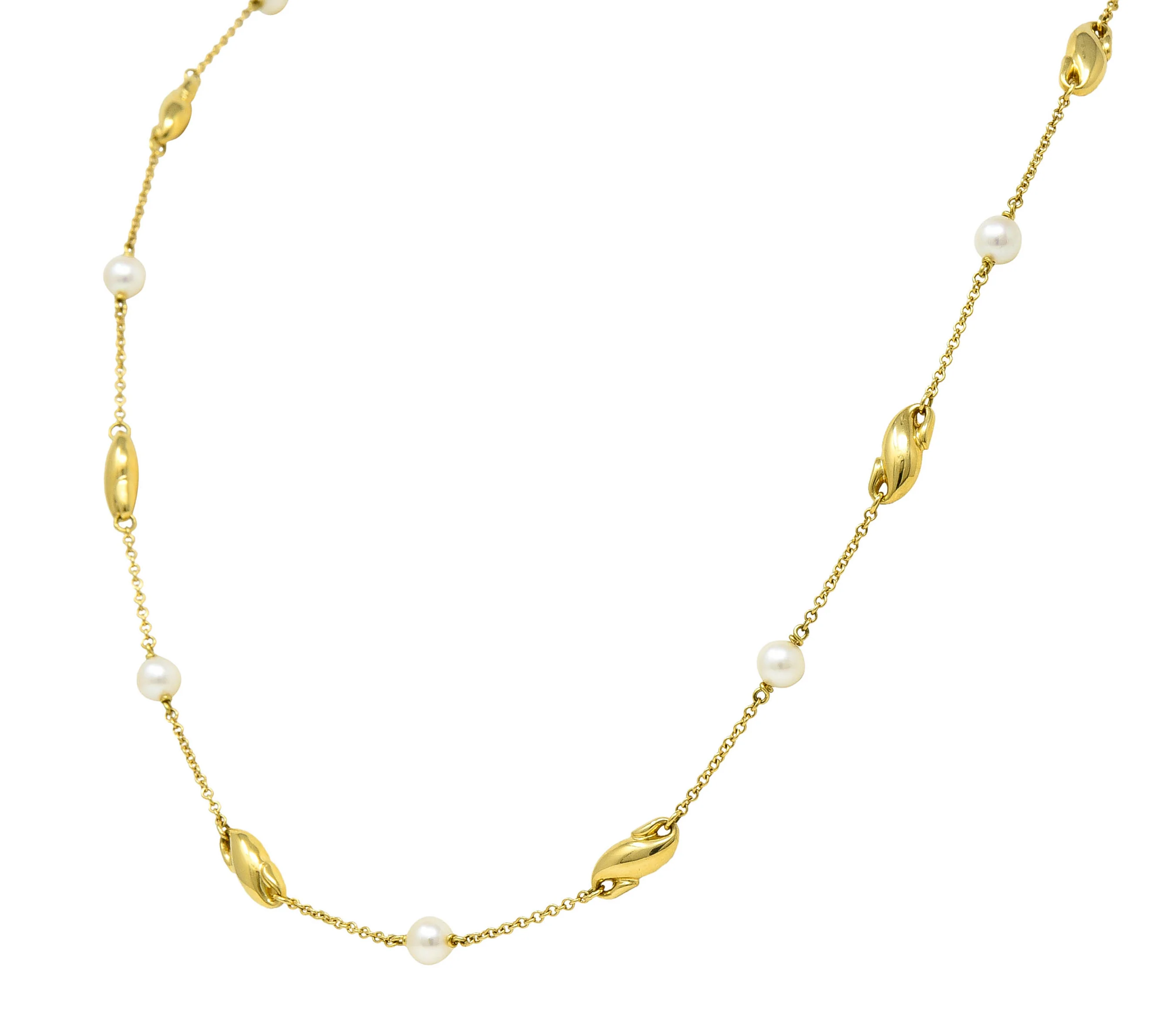 Contemporary Cultured Pearl 18 Karat Gold Station Chain Necklace - Image 3