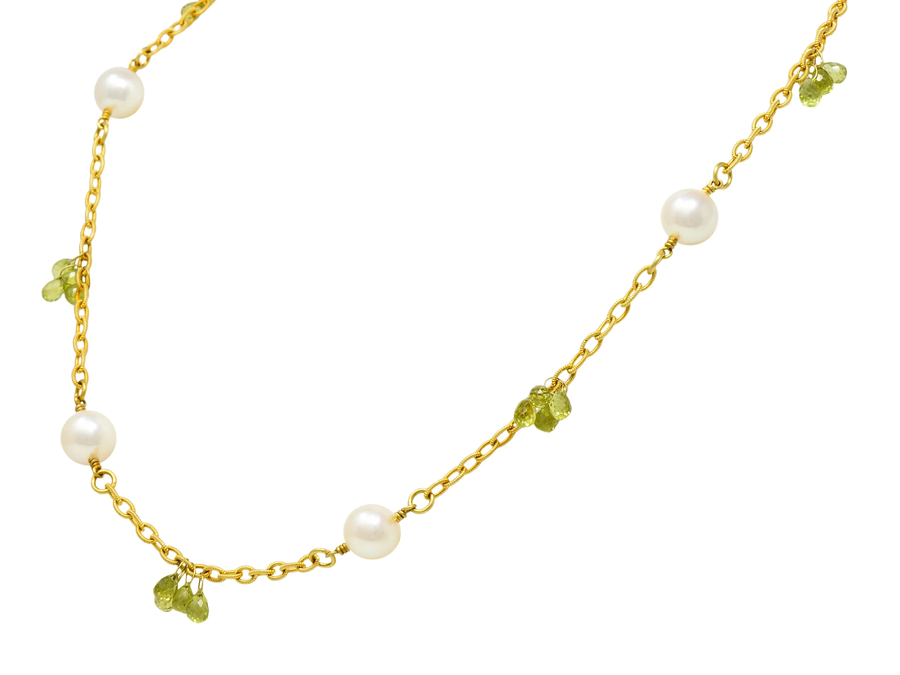 Contemporary Cultured Pearl Peridot 18 Karat Gold Station Necklace - Image 3