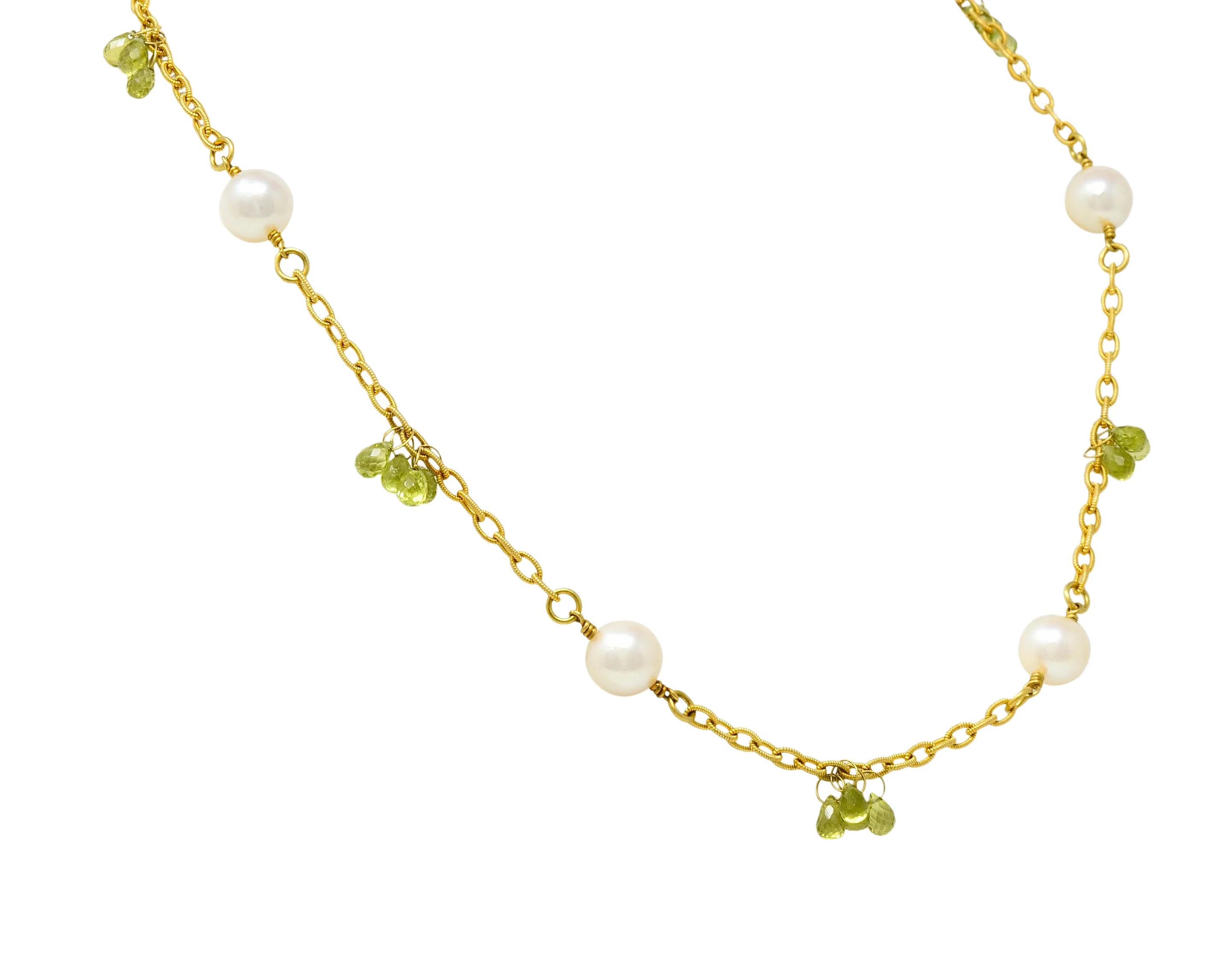 Contemporary Cultured Pearl Peridot 18 Karat Gold Station Necklace - Image 4