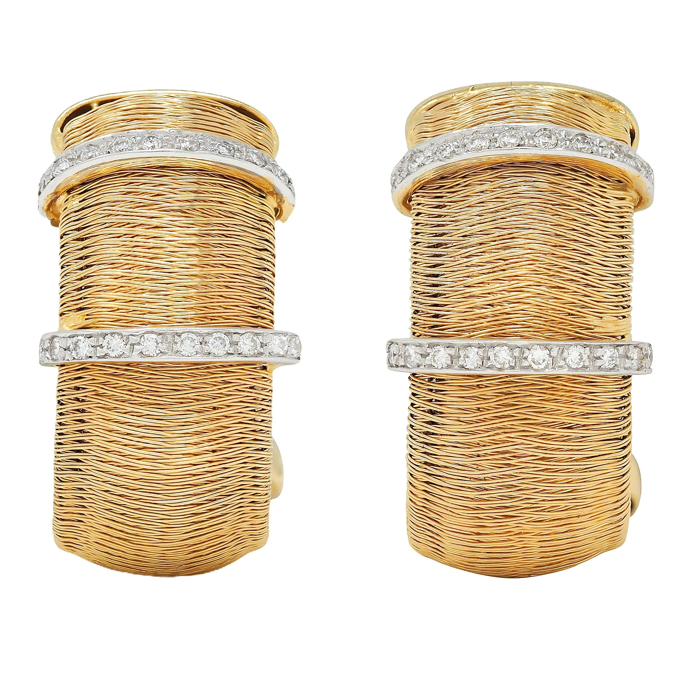 Contemporary Diamond 18 Karat Two-Tone Gold Woven Mesh J-Hoop Earrings