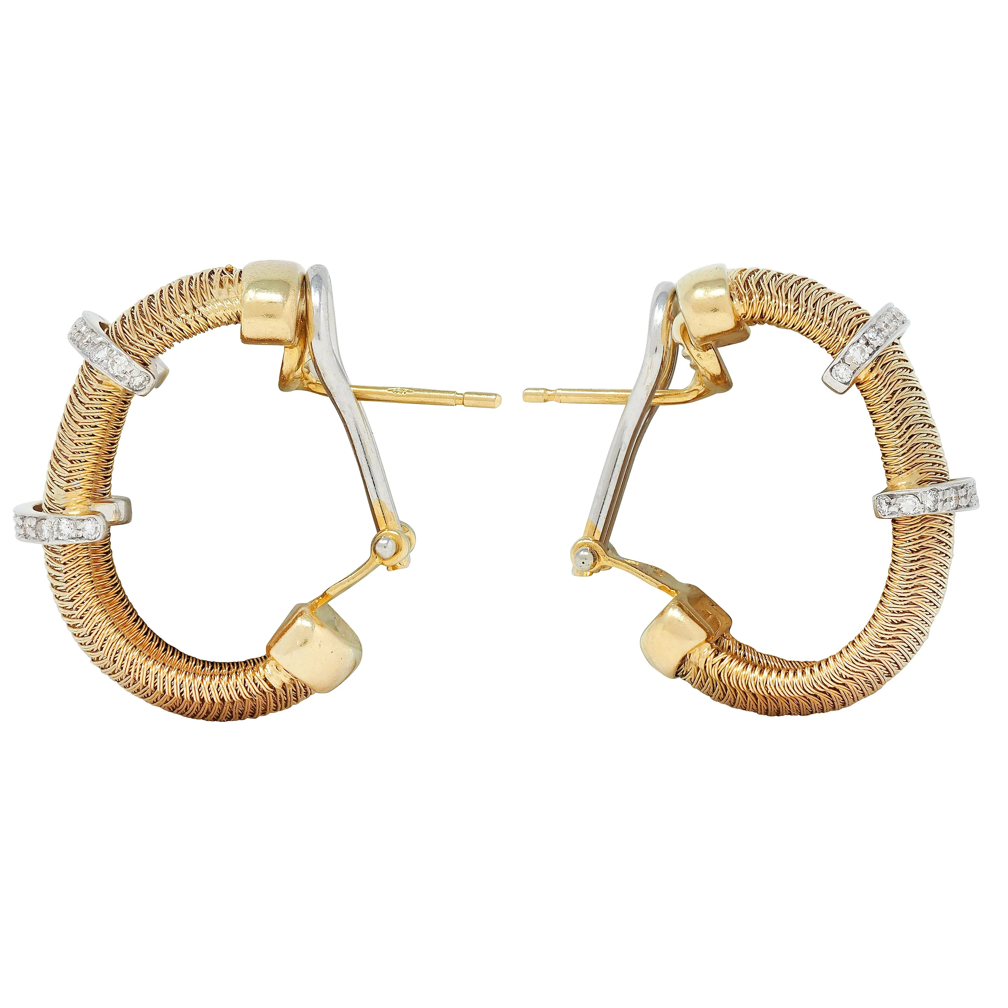 Contemporary Diamond 18 Karat Two-Tone Gold Woven Mesh J-Hoop Earrings - Image 3