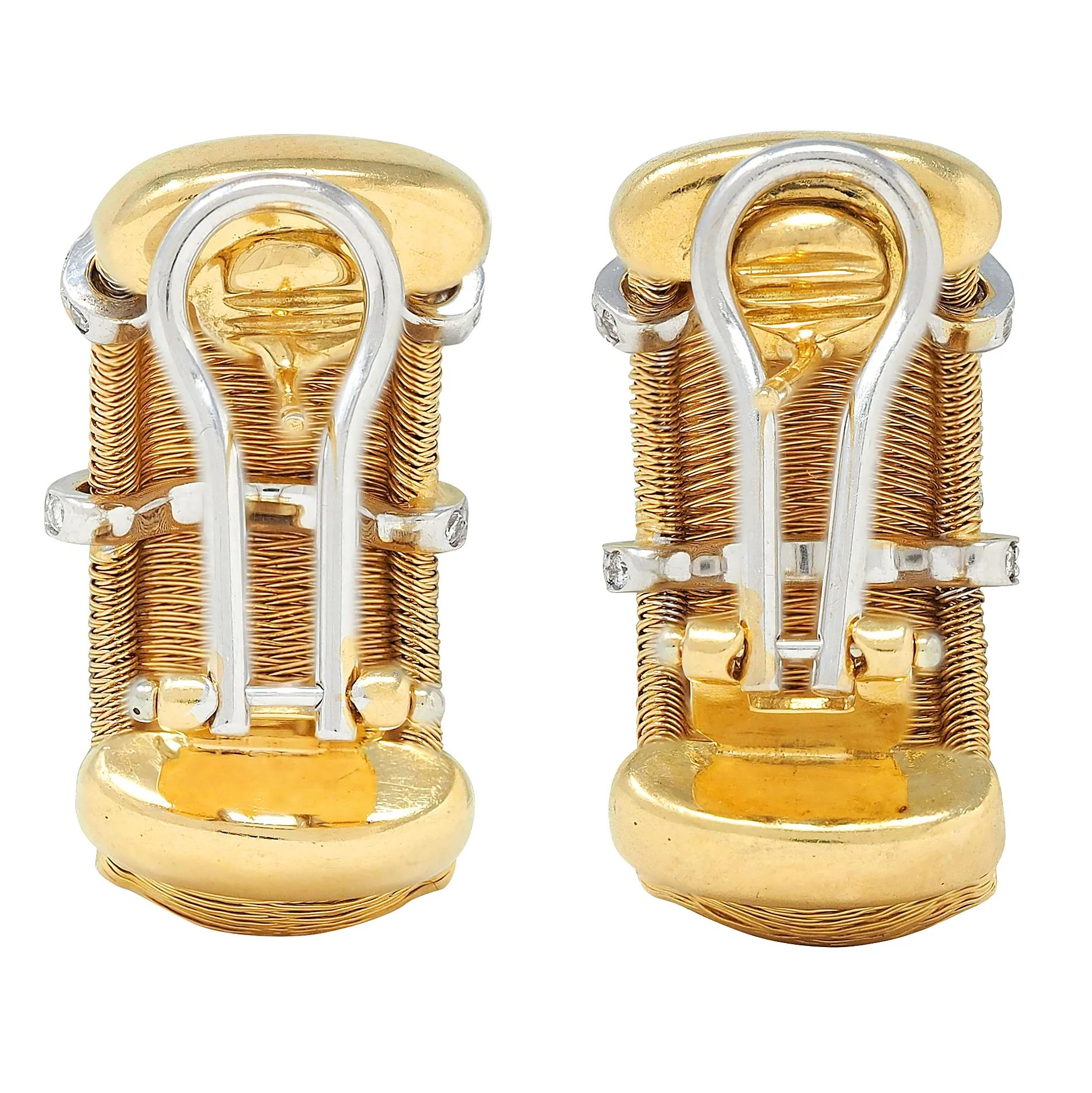 Contemporary Diamond 18 Karat Two-Tone Gold Woven Mesh J-Hoop Earrings - Image 4
