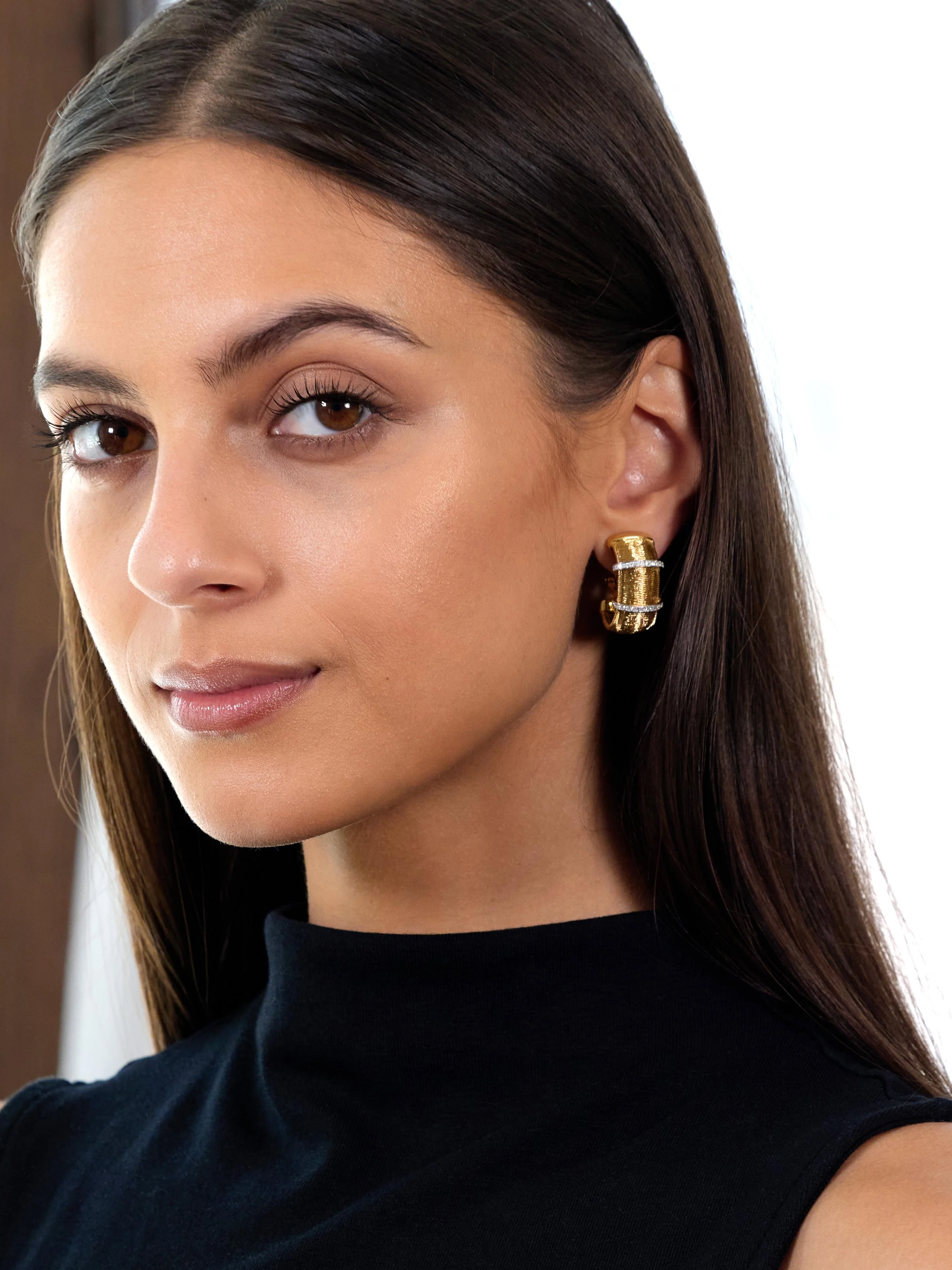 Contemporary Diamond 18 Karat Two-Tone Gold Woven Mesh J-Hoop Earrings - Image 5