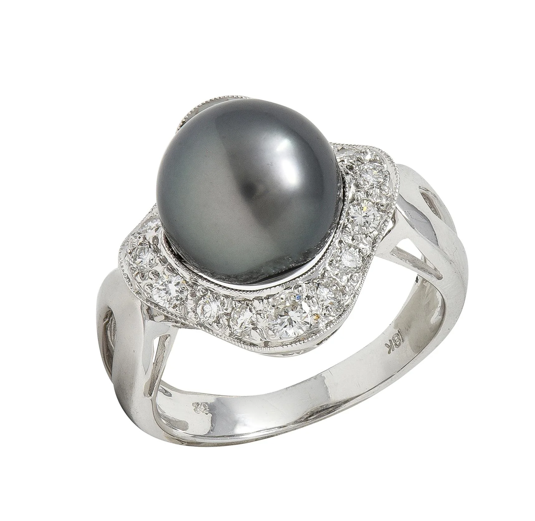 Contemporary Diamond Black Tahitian Pearl 18 Karat White Gold Halo Ring - Image 8