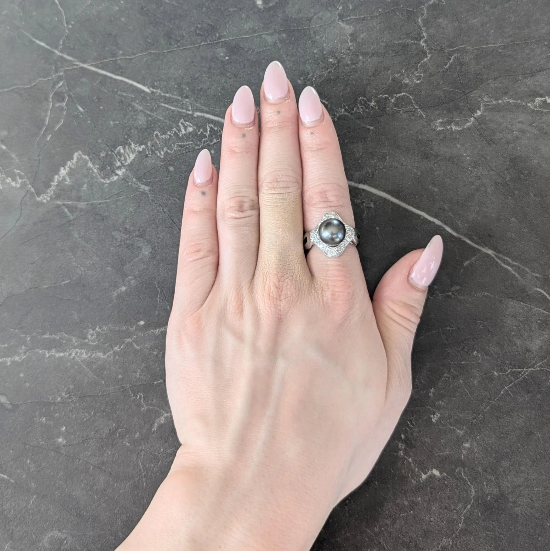 Contemporary Diamond Black Tahitian Pearl 18 Karat White Gold Halo Ring - Image 9