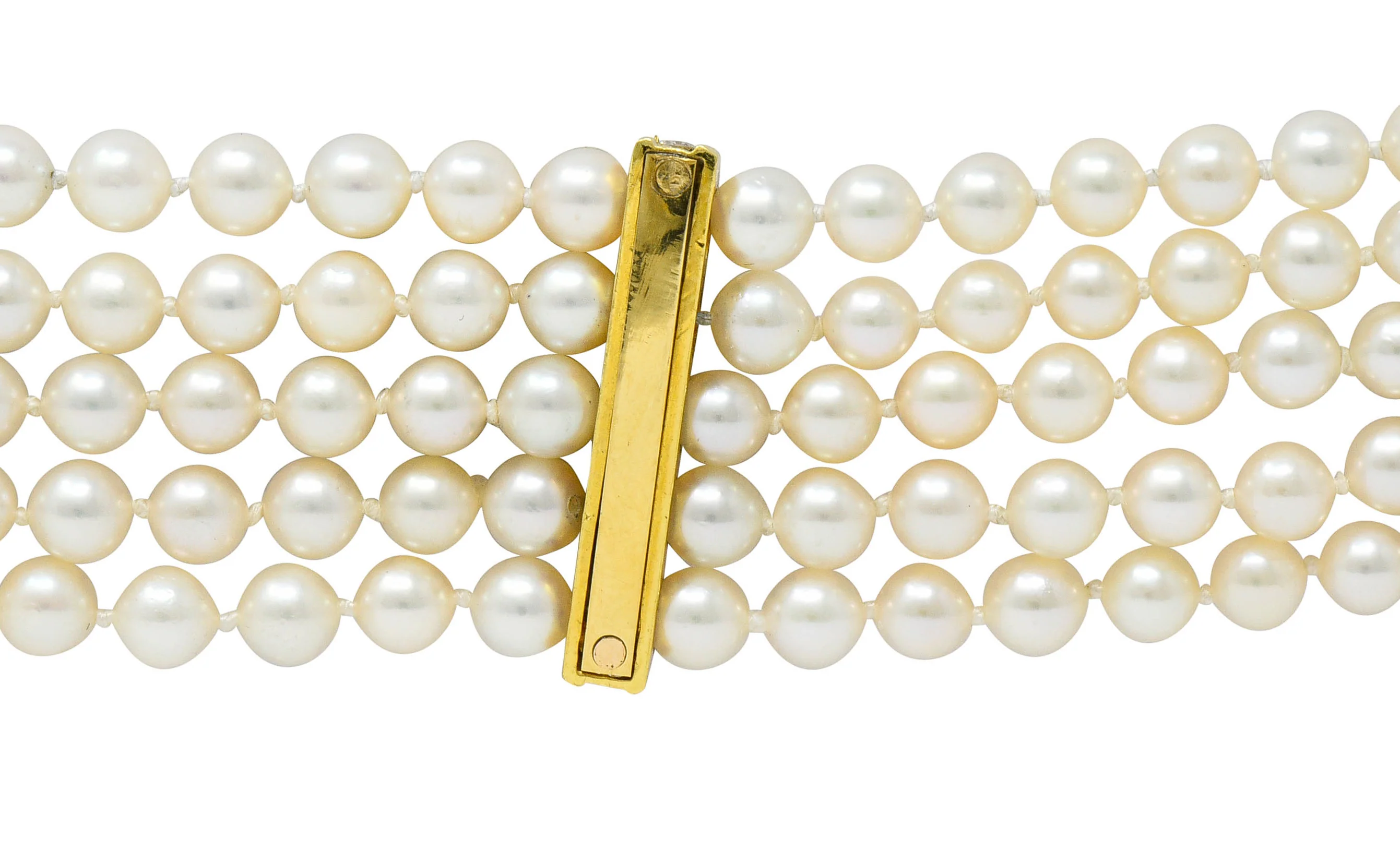 Contemporary Diamond Cultured Pearl 18 Karat Gold Five Strand Bracelet - Image 5