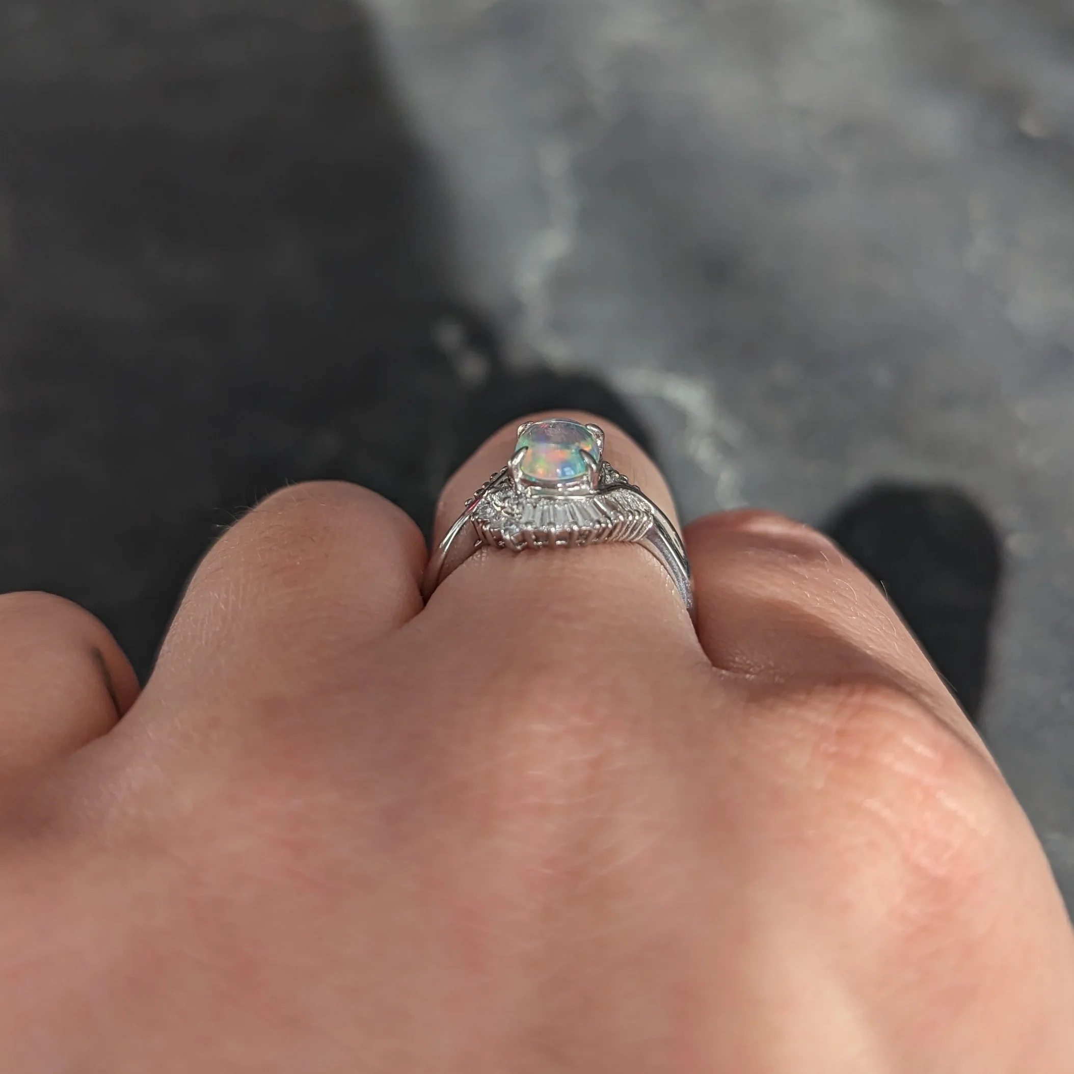 Contemporary Diamond Jelly Opal Platinum Swirl Bypass Cluster Ring - Image 13