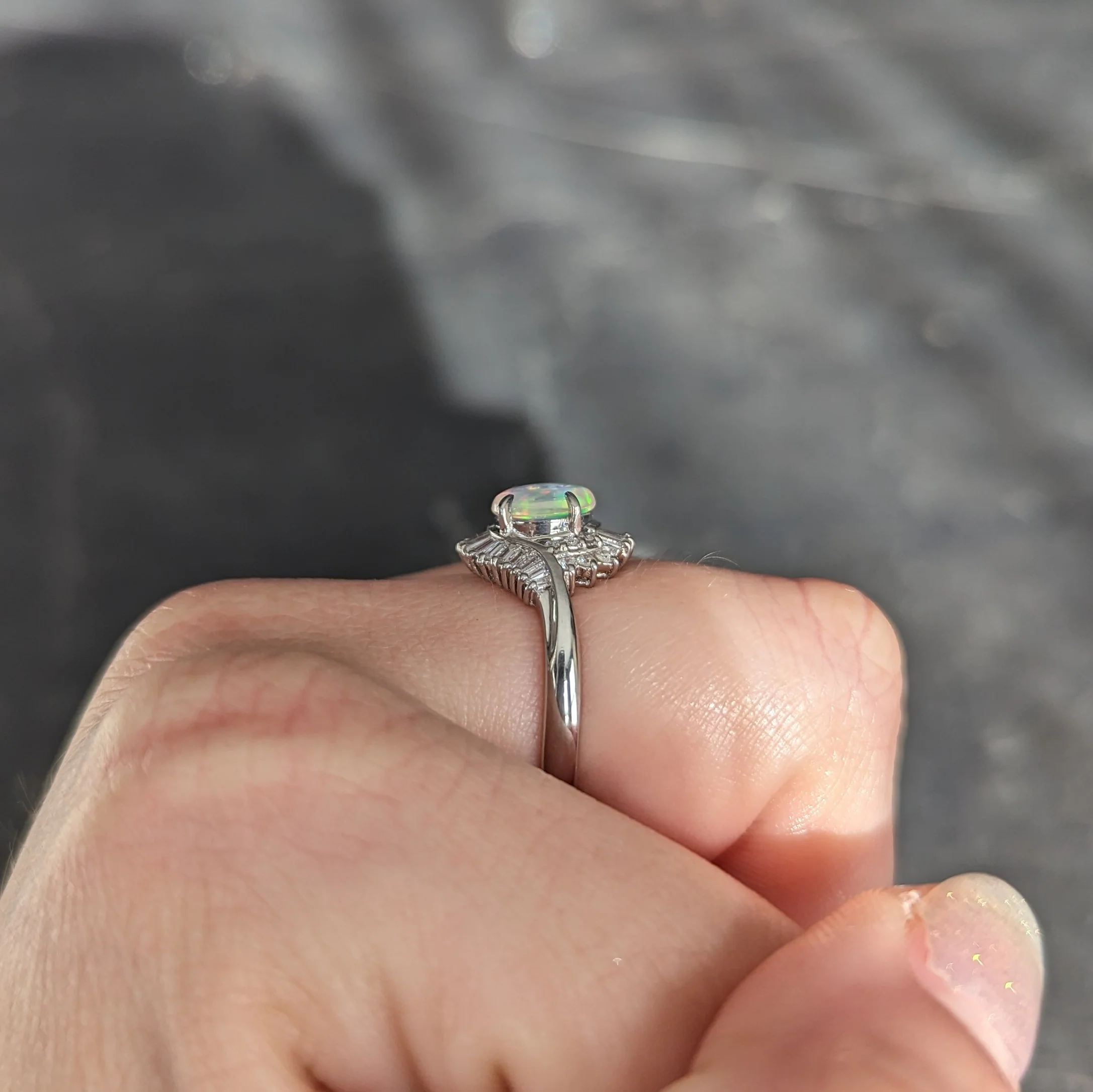 Contemporary Diamond Jelly Opal Platinum Swirl Bypass Cluster Ring - Image 14