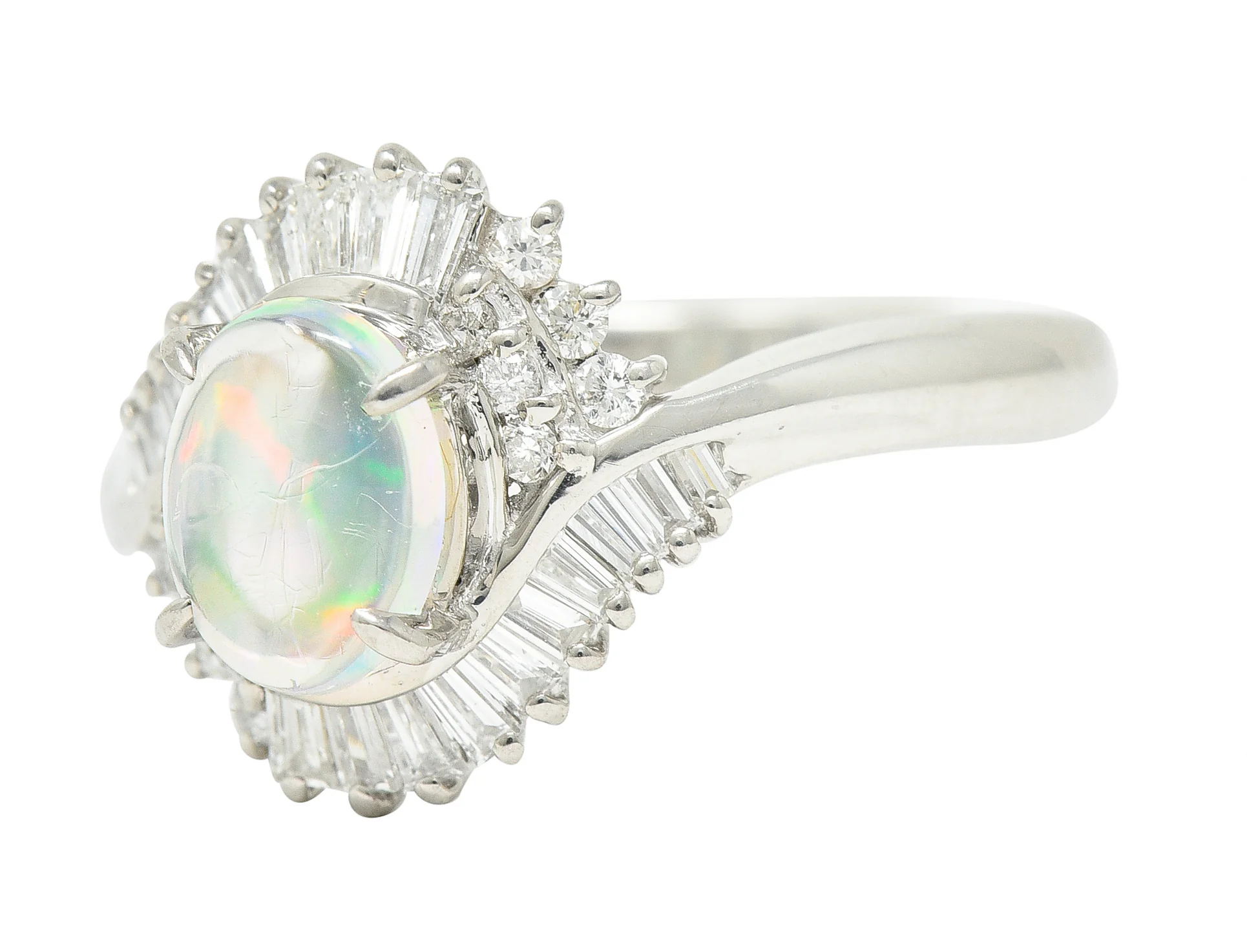 Contemporary Diamond Jelly Opal Platinum Swirl Bypass Cluster Ring - Image 6