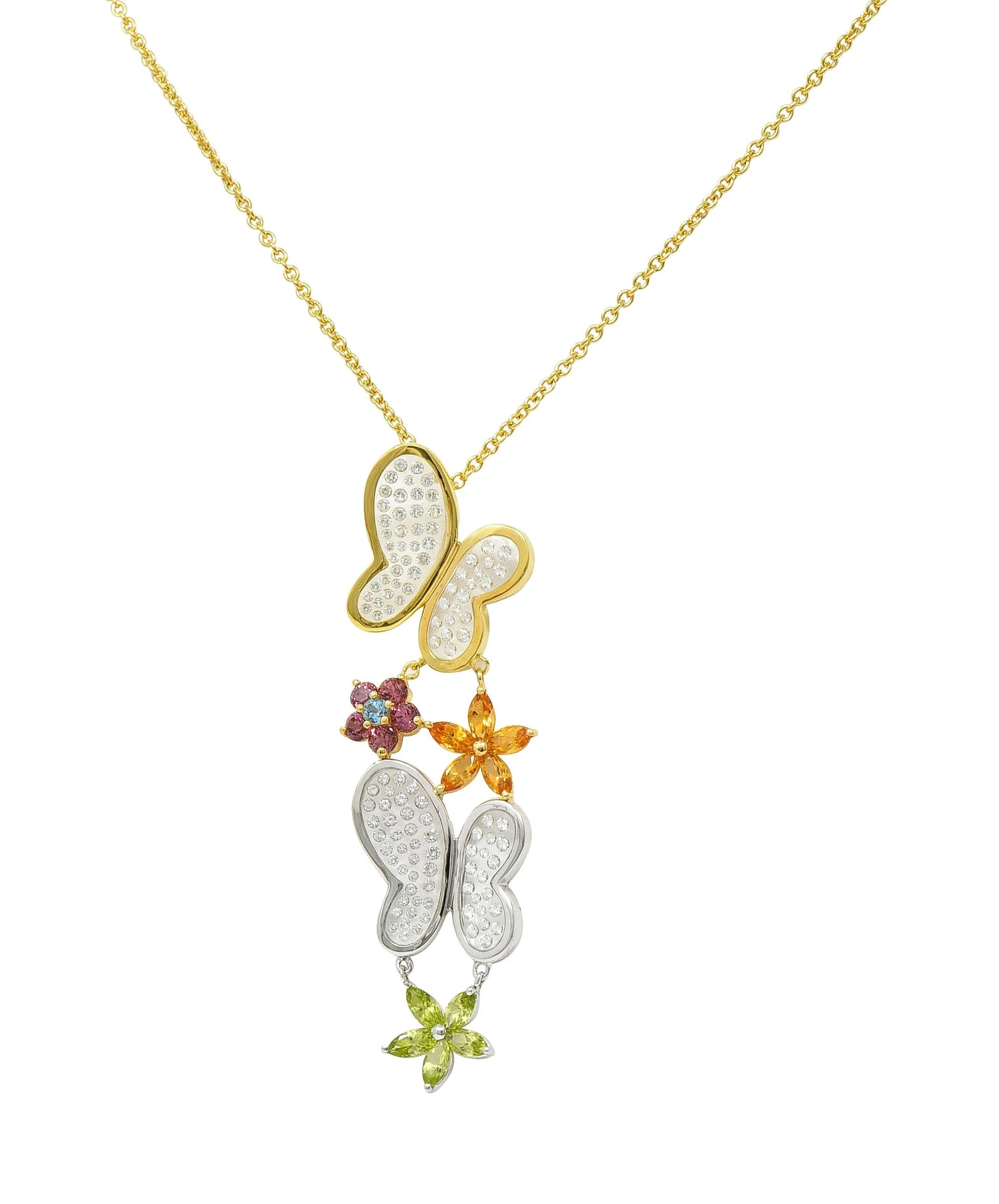 Contemporary Diamond Multi-Gem 18 Karat Two-Tone Gold Flower Butterfly Pendant Necklace
