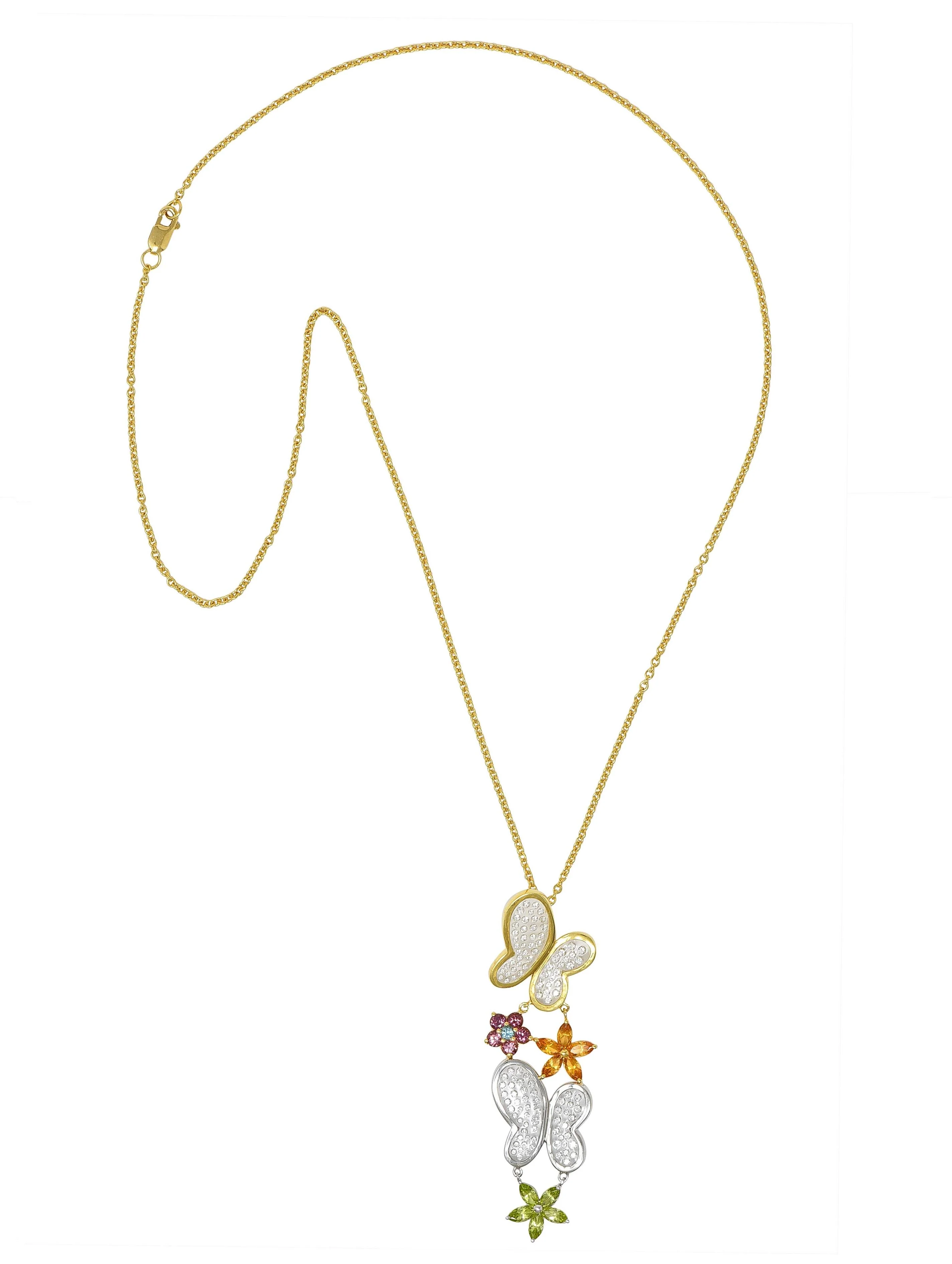 Contemporary Diamond Multi-Gem 18 Karat Two-Tone Gold Flower Butterfly Pendant Necklace - Image 3