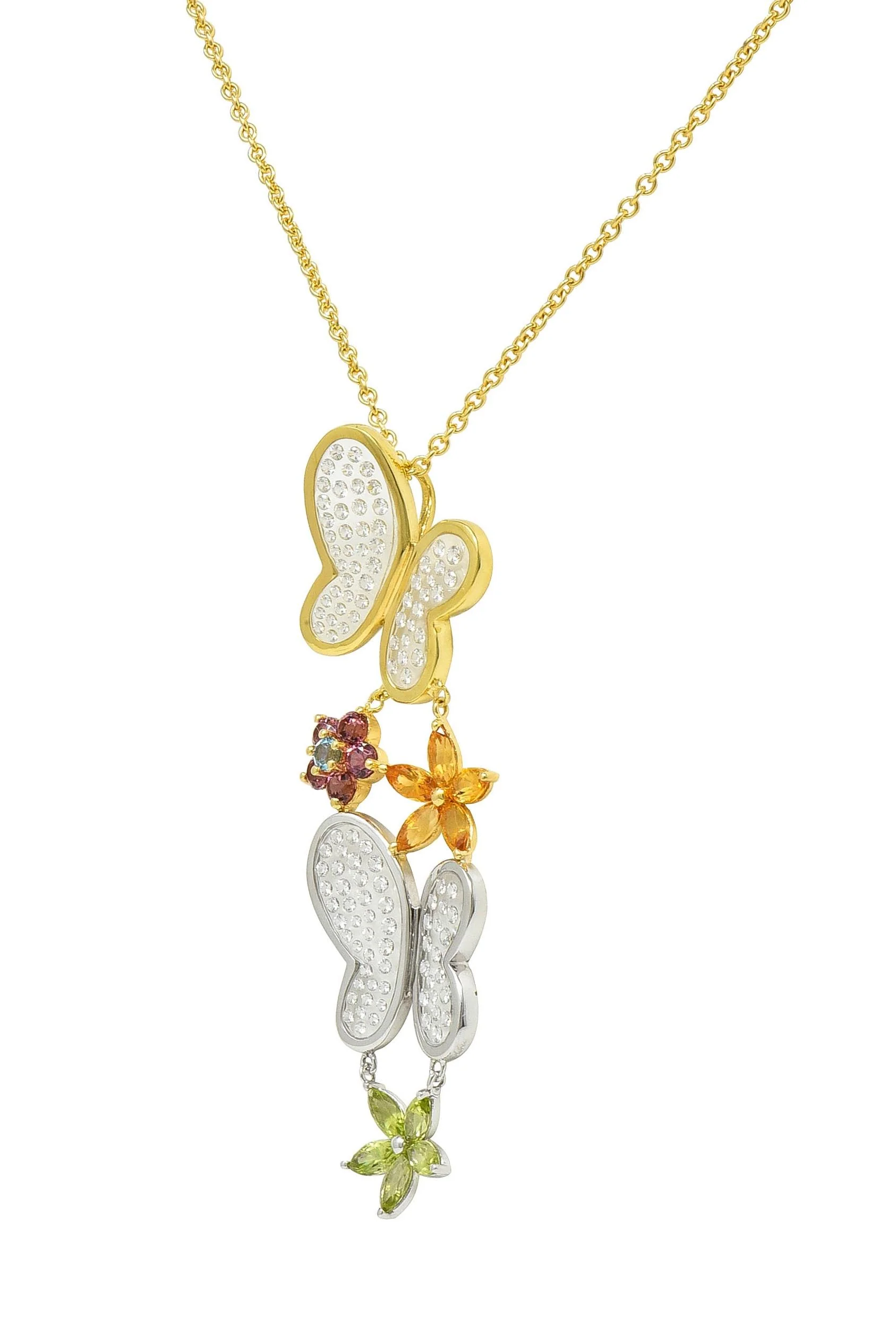 Contemporary Diamond Multi-Gem 18 Karat Two-Tone Gold Flower Butterfly Pendant Necklace - Image 4