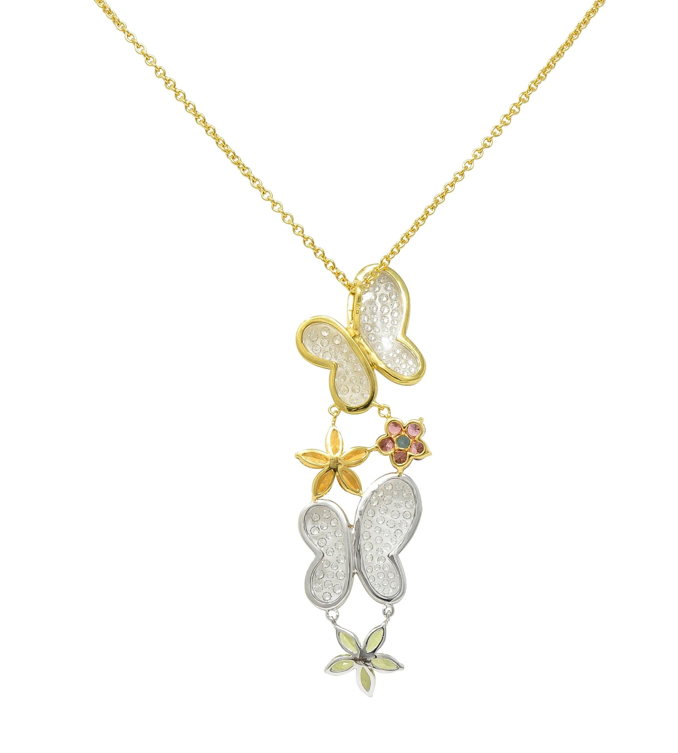 Contemporary Diamond Multi-Gem 18 Karat Two-Tone Gold Flower Butterfly Pendant Necklace - Image 5