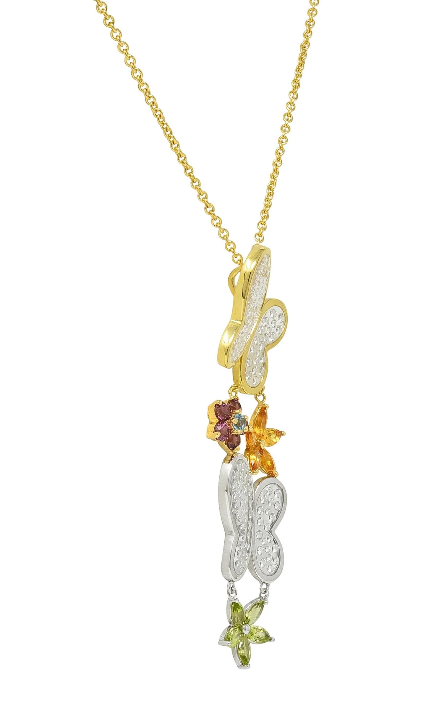 Contemporary Diamond Multi-Gem 18 Karat Two-Tone Gold Flower Butterfly Pendant Necklace - Image 6