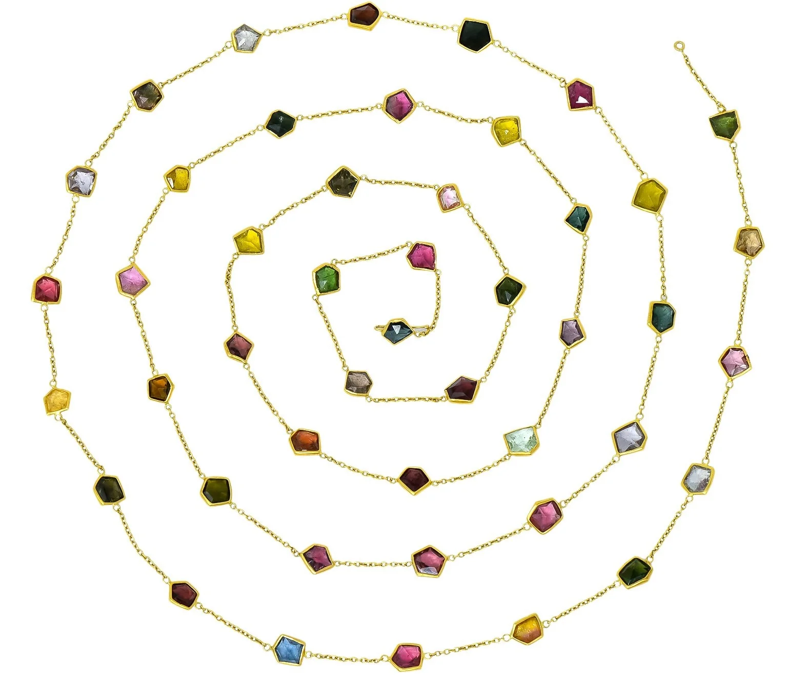 Contemporary Fancy Colored Tourmaline 18 Karat Yellow Gold Long Station Necklace - Image 2