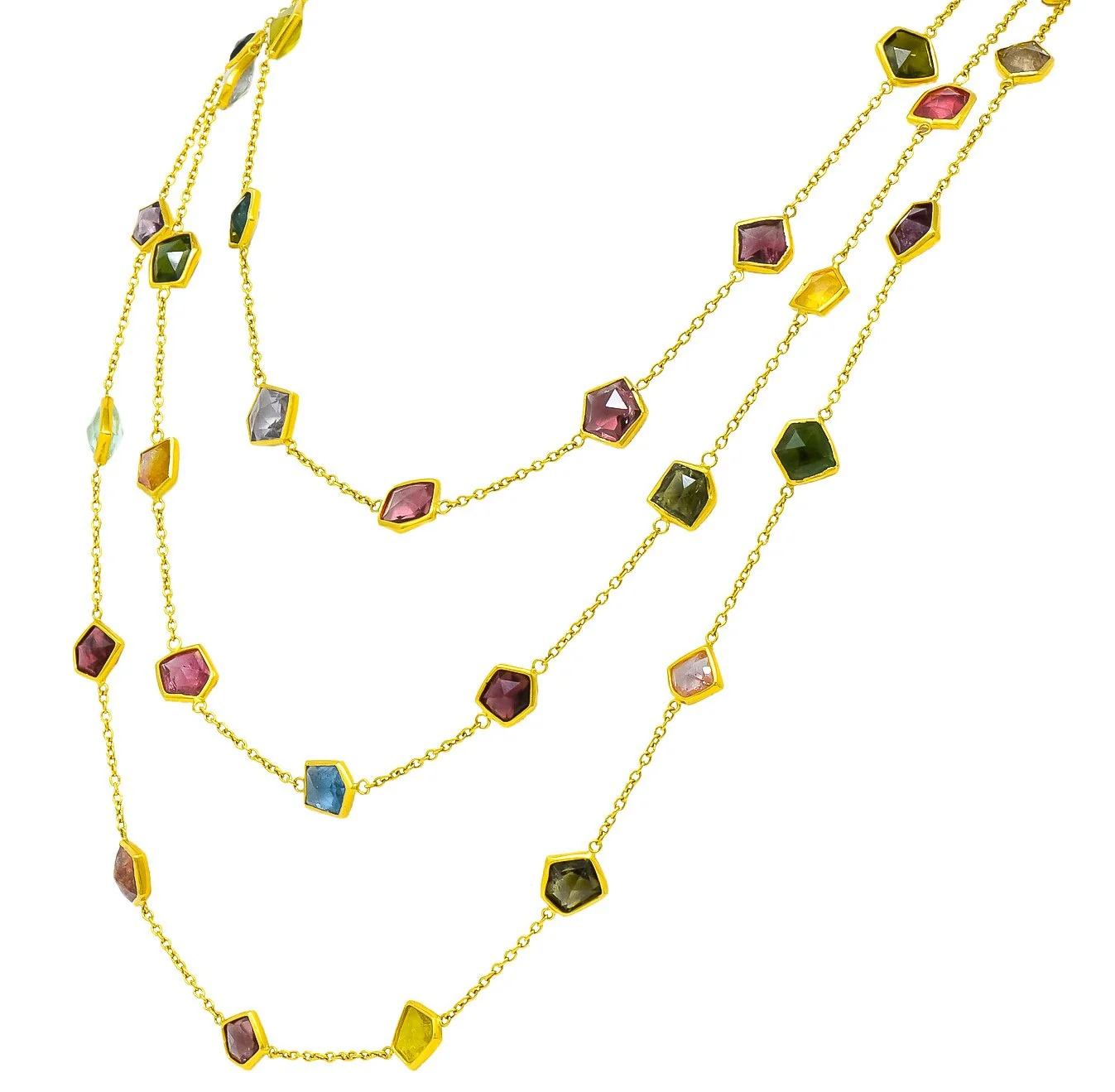 Contemporary Fancy Colored Tourmaline 18 Karat Yellow Gold Long Station Necklace - Image 3