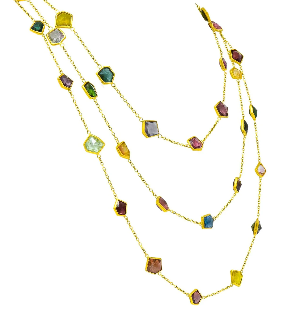 Contemporary Fancy Colored Tourmaline 18 Karat Yellow Gold Long Station Necklace - Image 4