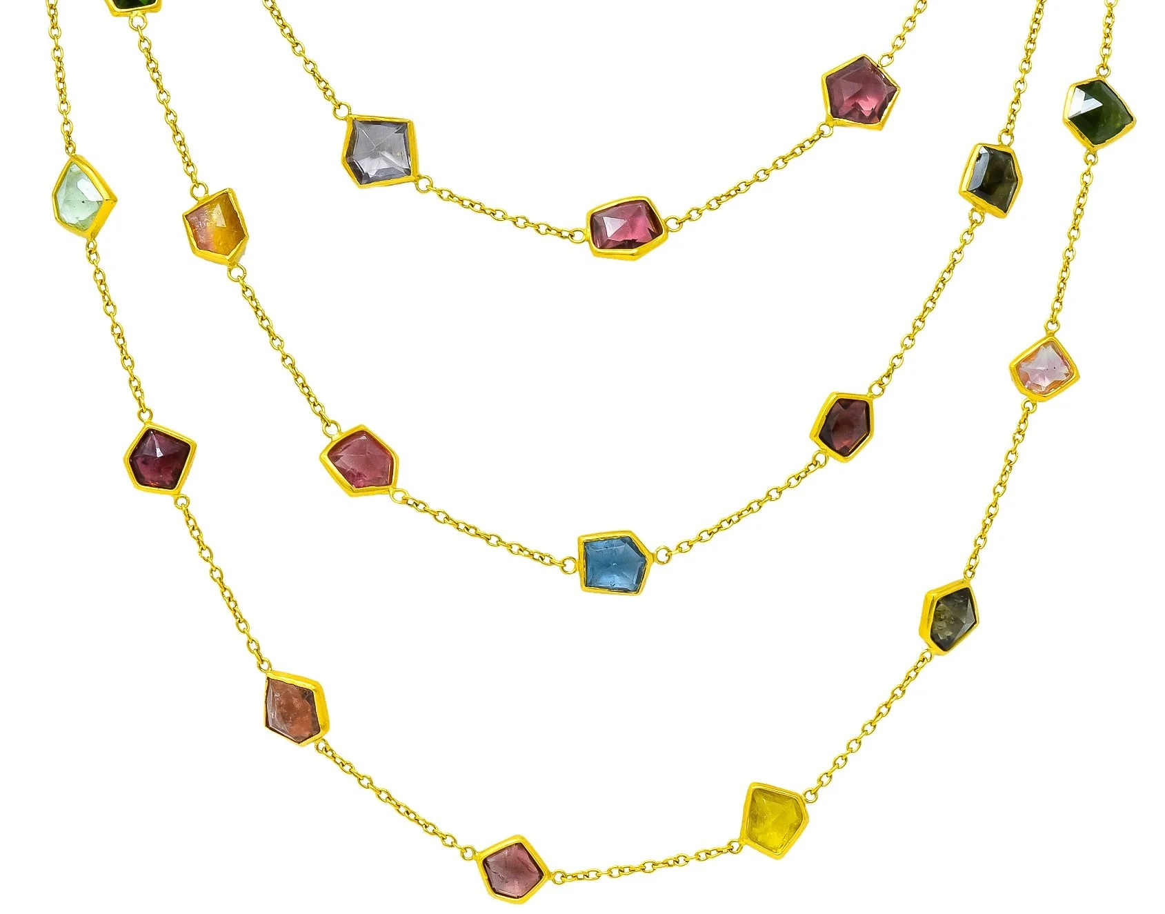 Contemporary Fancy Colored Tourmaline 18 Karat Yellow Gold Long Station Necklace - Image 5