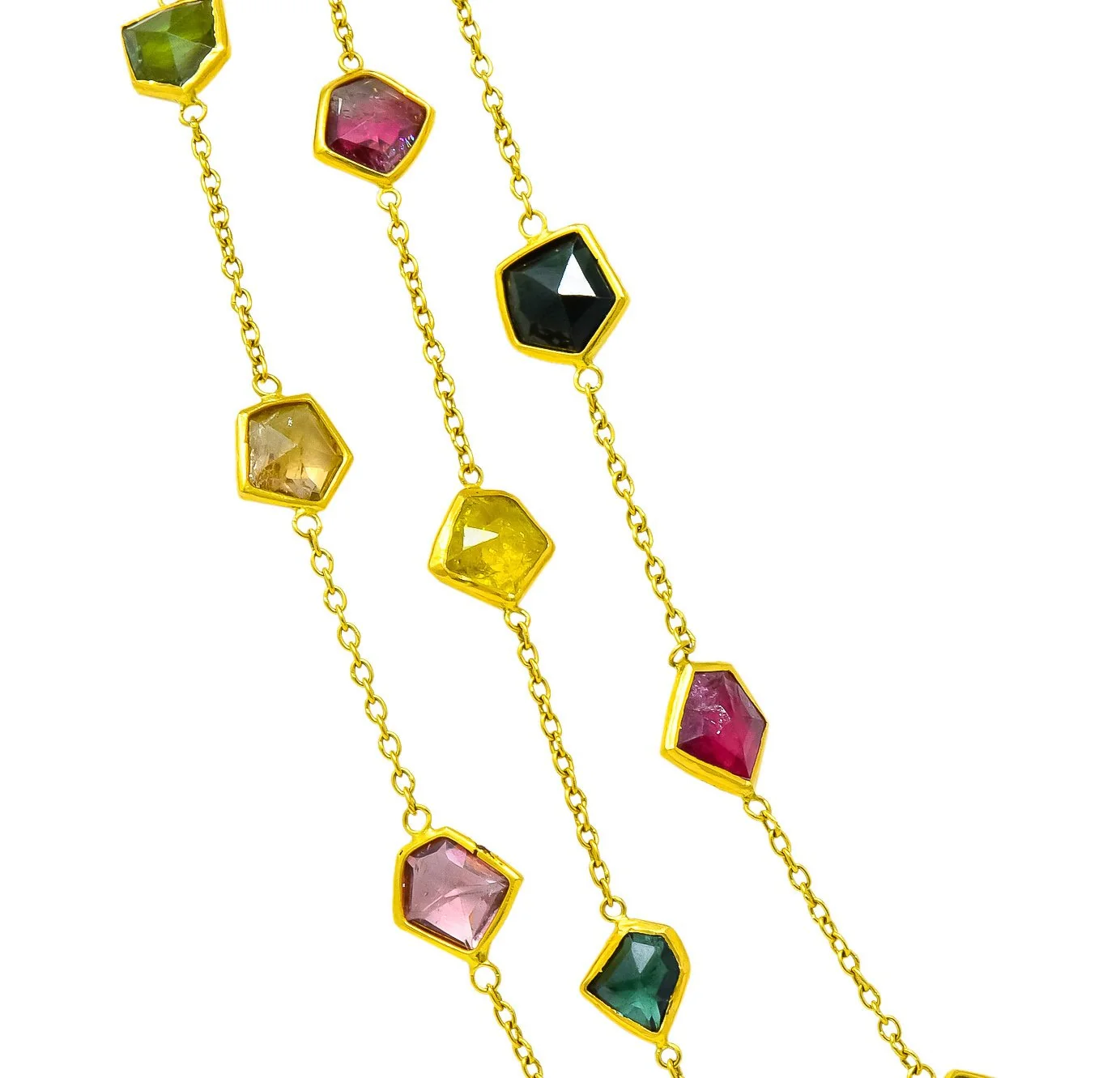 Contemporary Fancy Colored Tourmaline 18 Karat Yellow Gold Long Station Necklace - Image 6