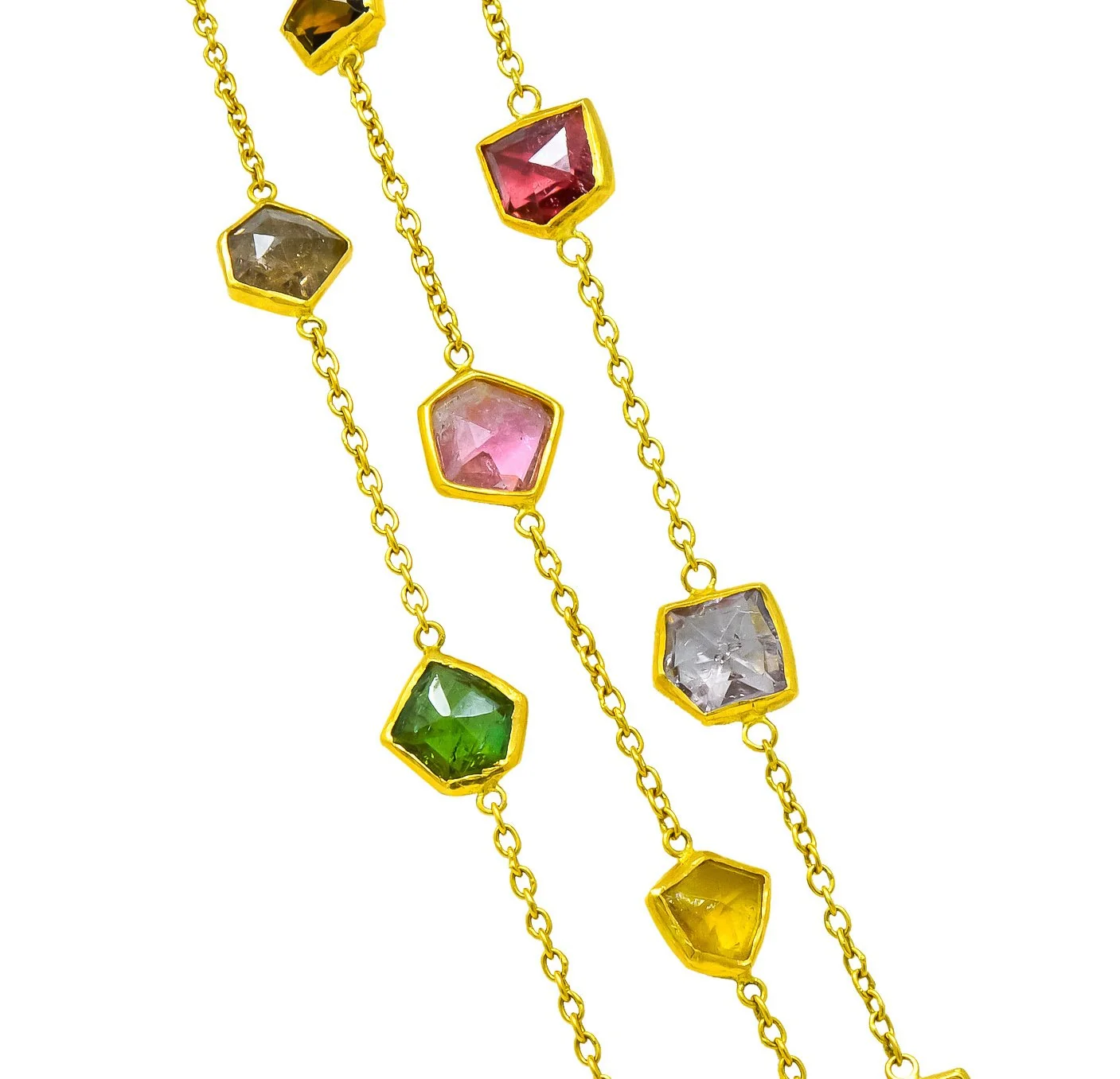 Contemporary Fancy Colored Tourmaline 18 Karat Yellow Gold Long Station Necklace - Image 7