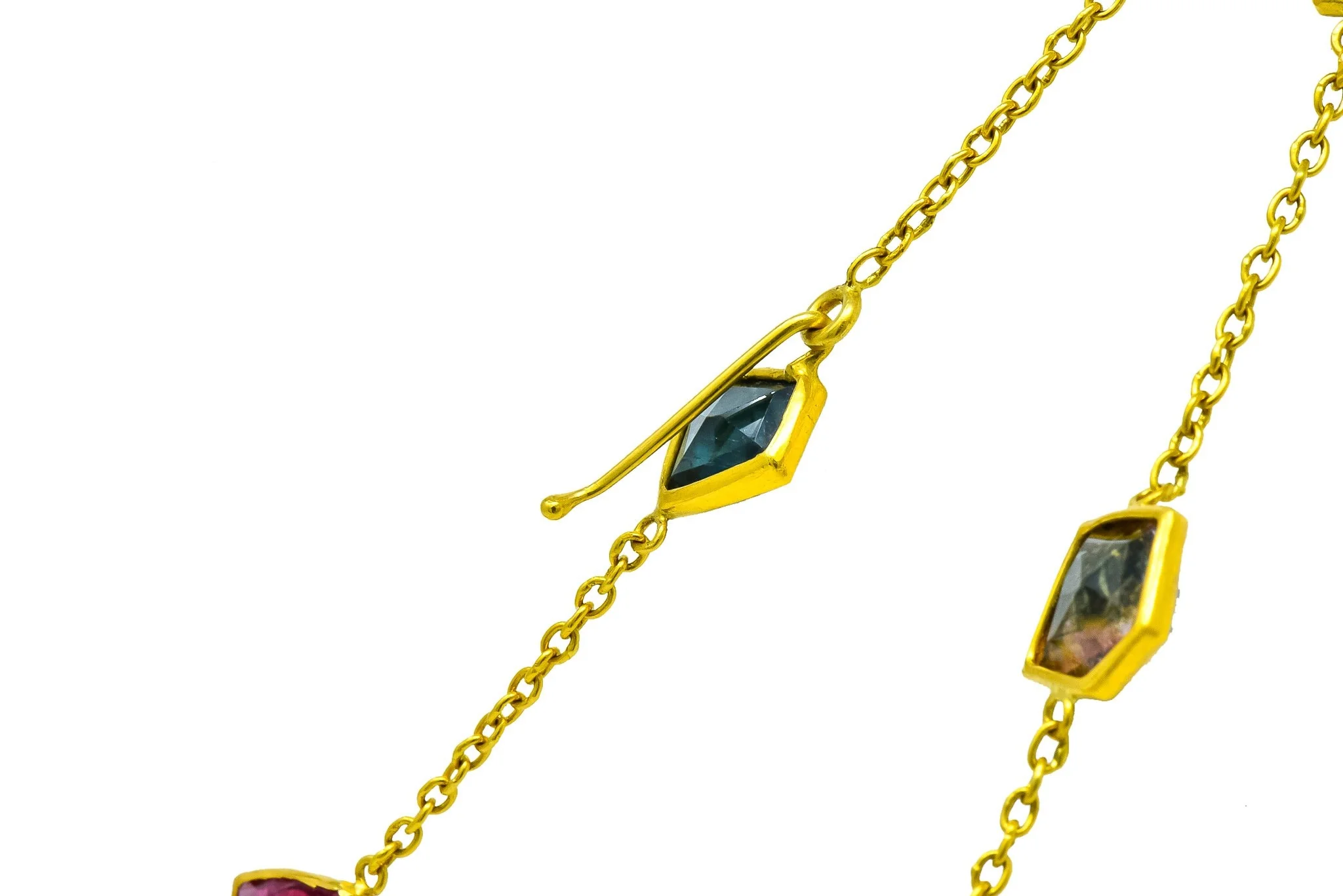 Contemporary Fancy Colored Tourmaline 18 Karat Yellow Gold Long Station Necklace - Image 8