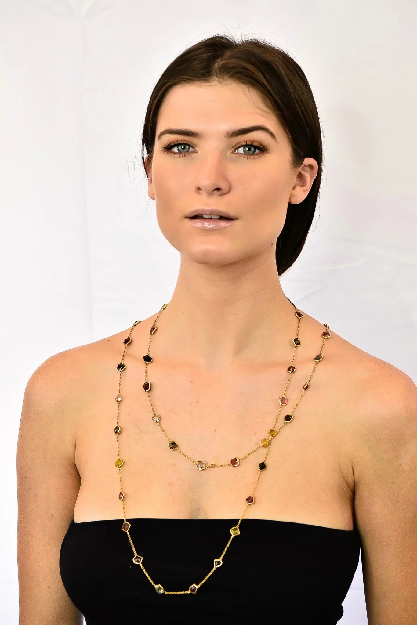 Contemporary Fancy Colored Tourmaline 18 Karat Yellow Gold Long Station Necklace - Image 9