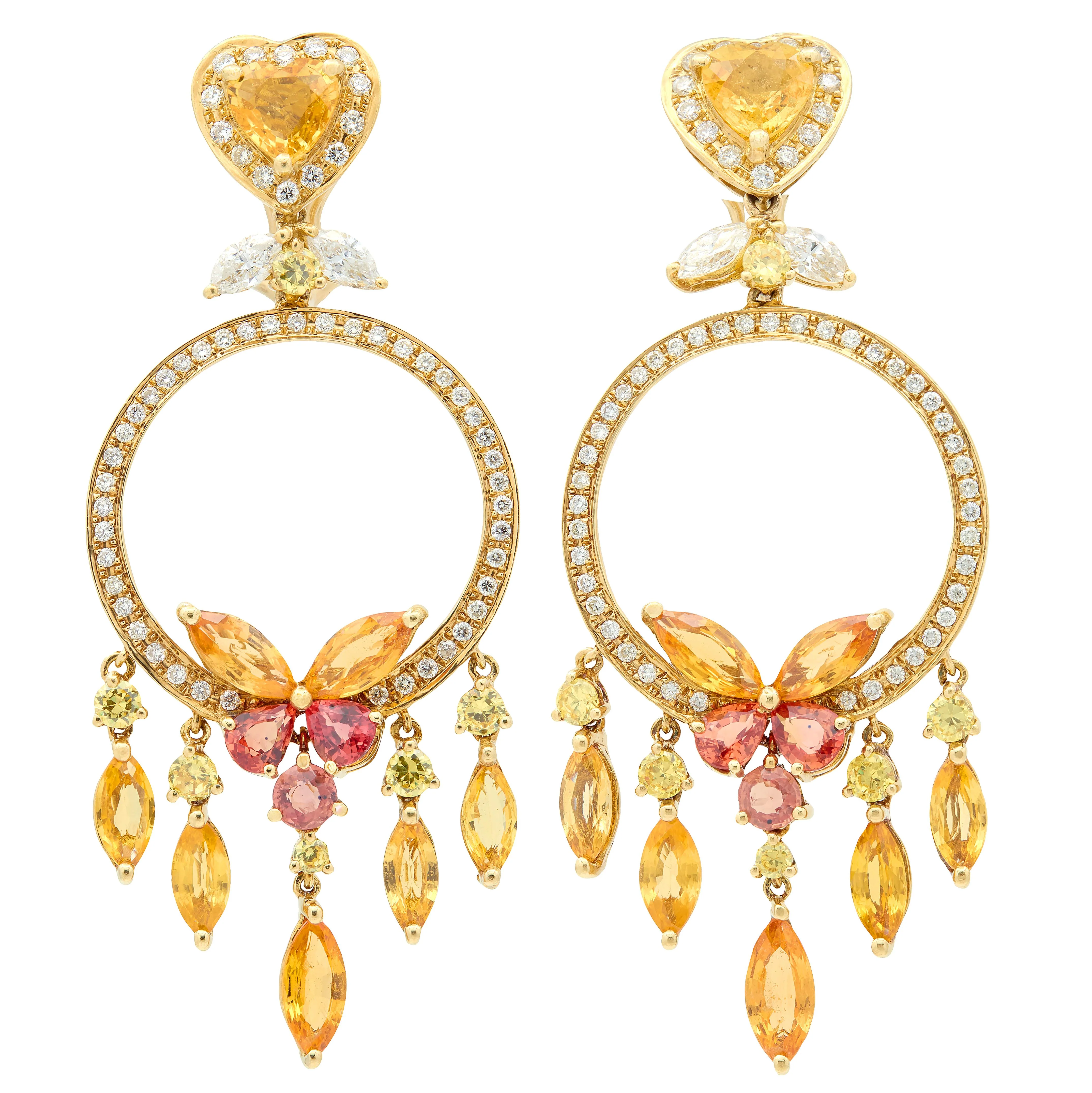 Contemporary Fancy Sapphire Diamond 18 Karat Yellow Gold Heart Butterfly Chandelier Drop Ear-Clip Earrings