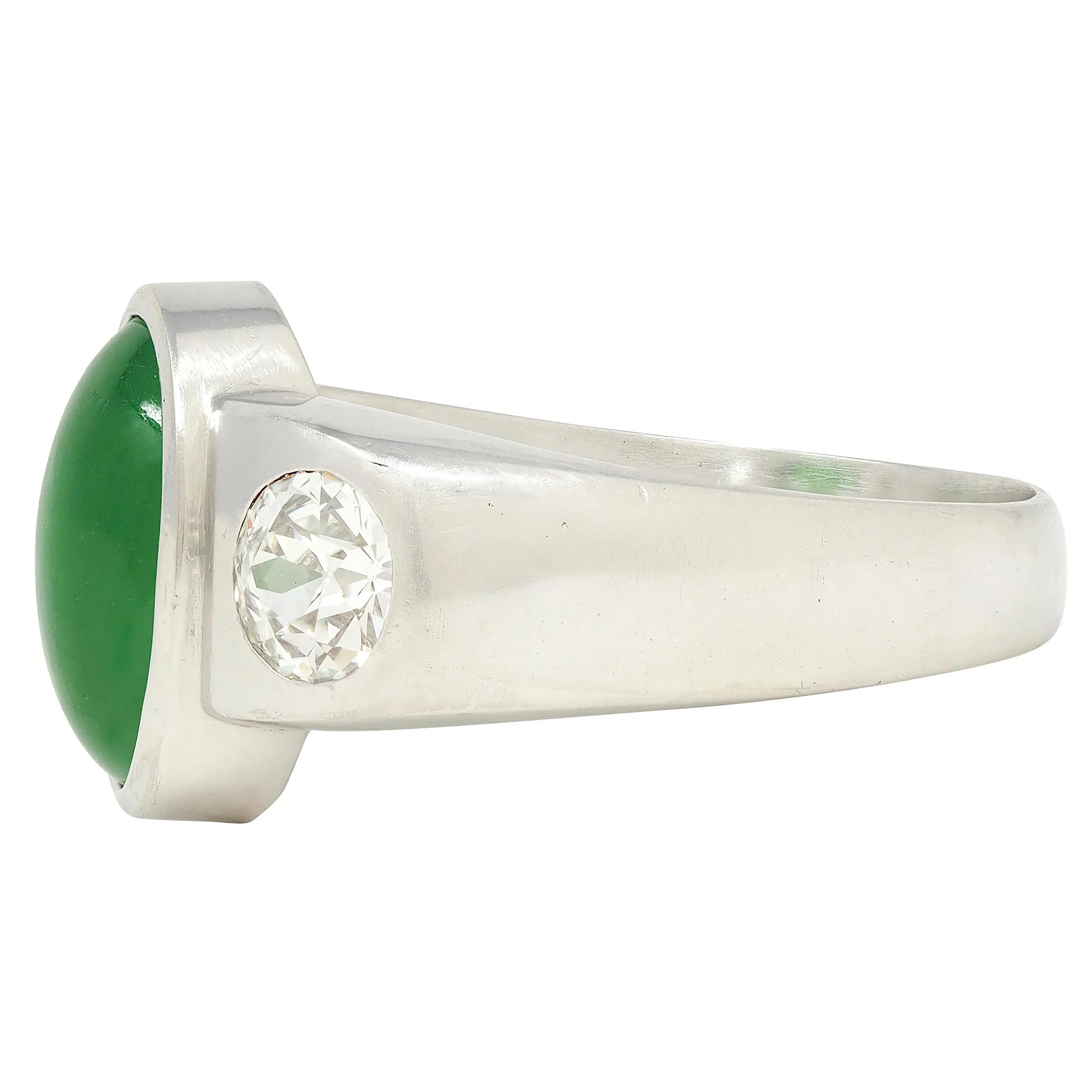 Contemporary Jade Diamond Platinum Three Stone Unisex Men's Bezel Ring - Image 4