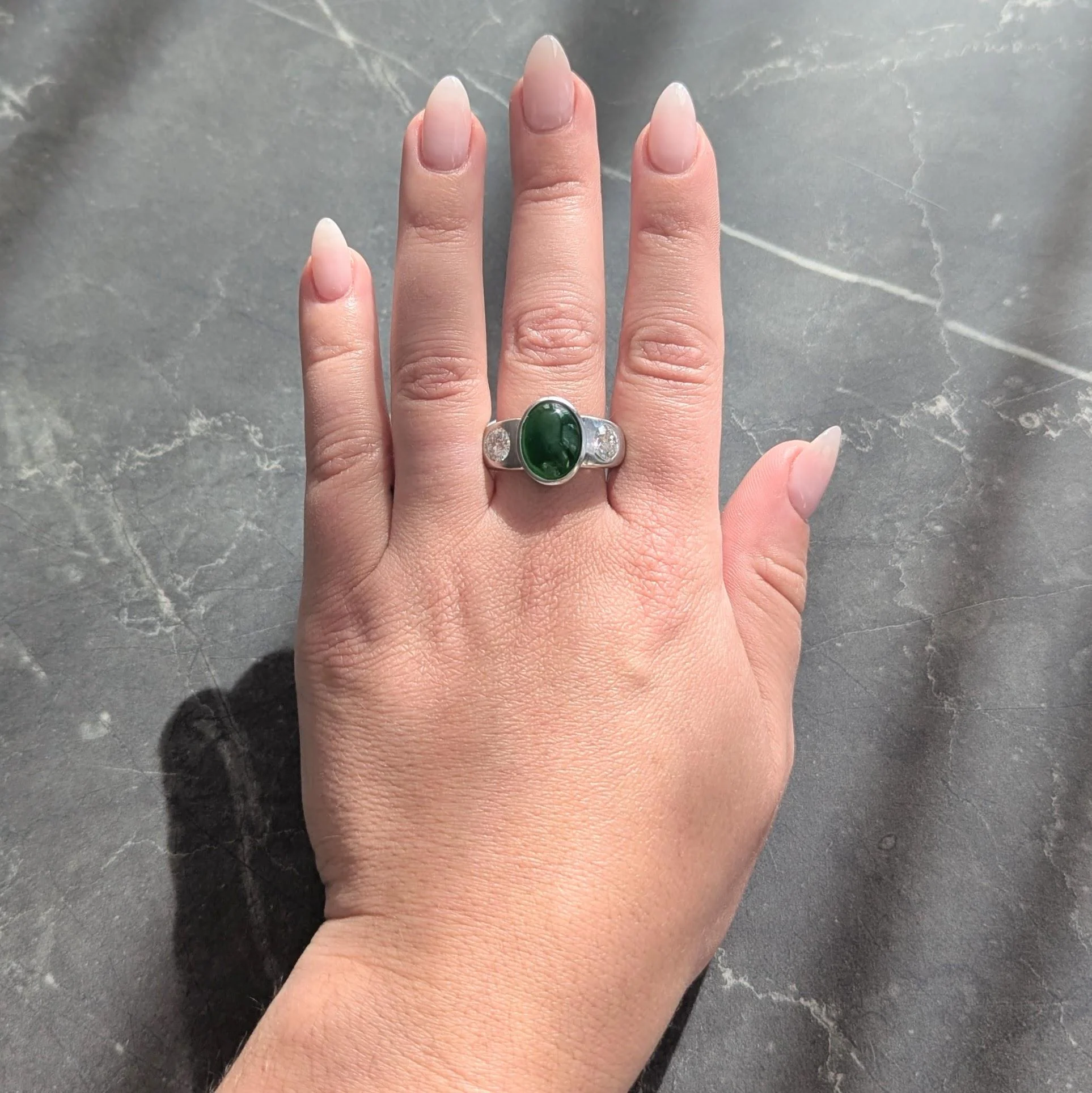 Contemporary Jade Diamond Platinum Three Stone Unisex Men's Bezel Ring - Image 6
